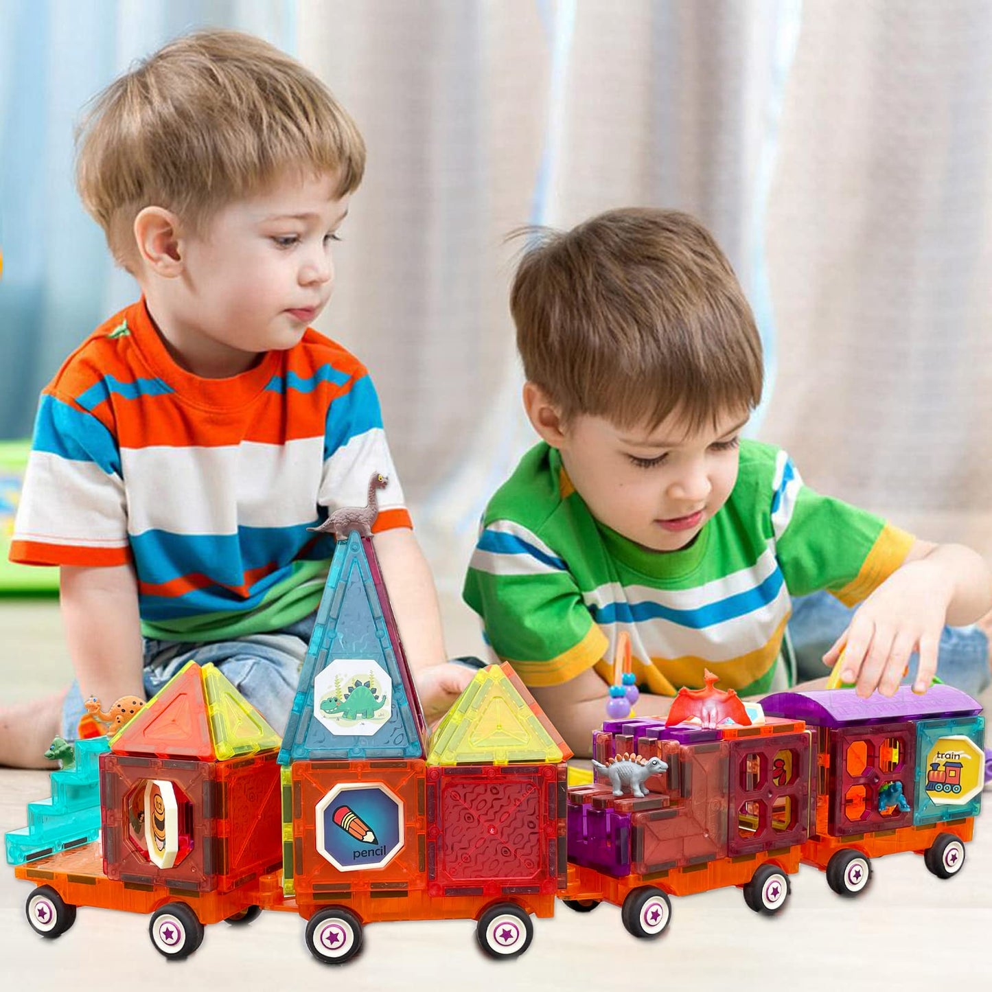 BUBUQE Magnetic Tiles Building Blocks with 4 Cars Magnet Train Set for Kids Construction STEM Toy Preschool Educational Creativity Learning Brithday Gift for Girls Boys Toddlers 3 4 5 6 7 8