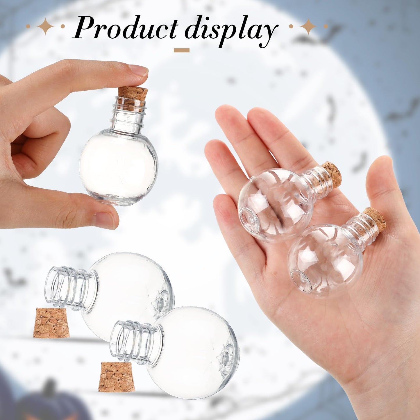 Bokon 36 Pack Mini Plastic Bottles with Corks Funnels Plastic Potion Bottles Tiny Clear Sand Art Jar Wishing Vial Witch Potion Jars for Decorations Birthday Party DIY Crafts Gift(Spherical)