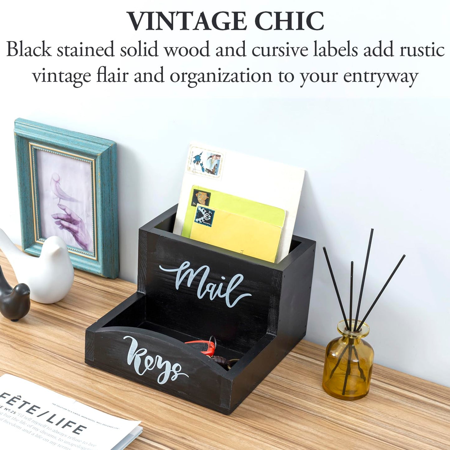 MyGift Urban Modern Mail Holder and Key Organizer Tray in Black Stained Solid Wood Finish, Entryway Storage Catchall with Cursive Mail and Keys Word Design, Office Desktop Organizing Bin