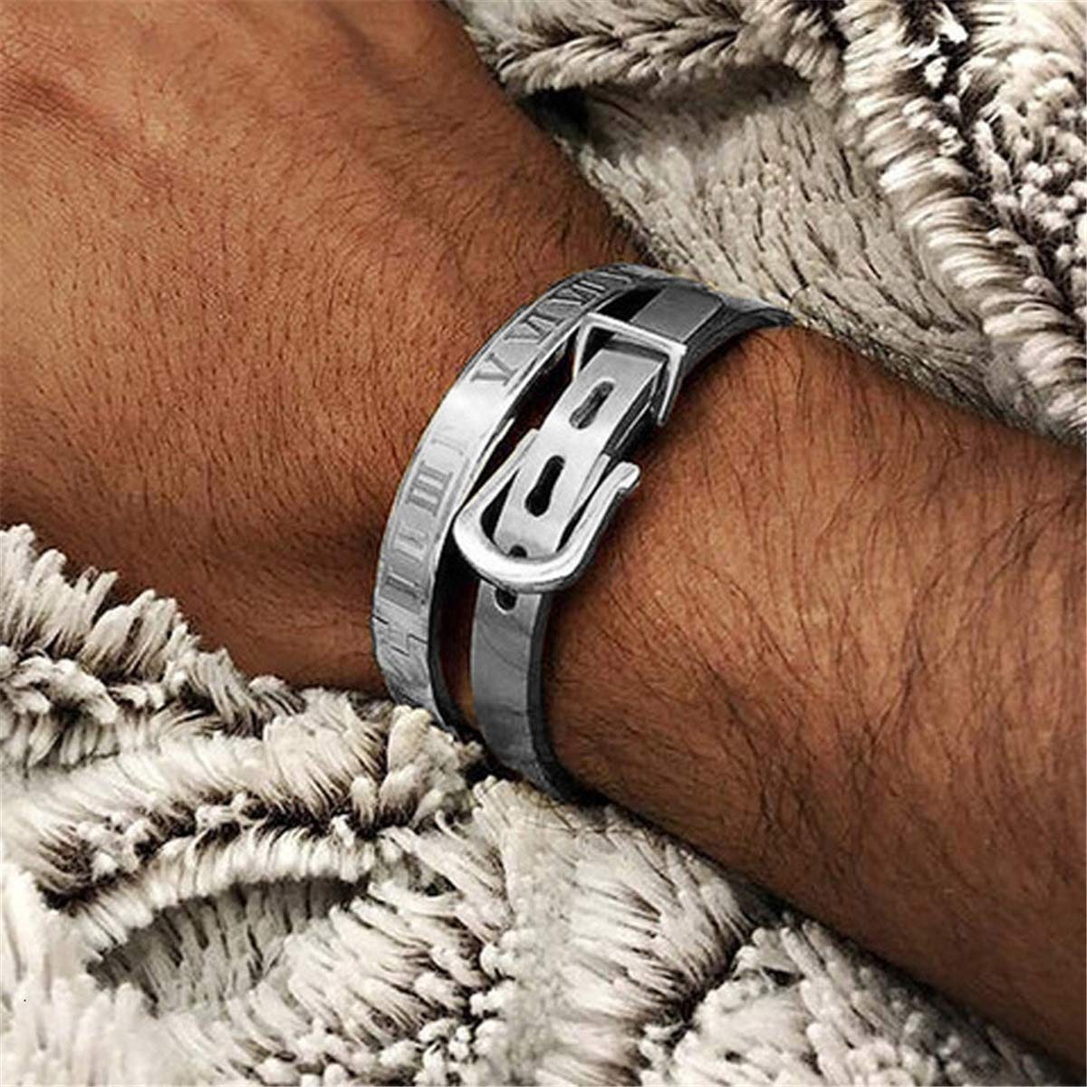 Jarlinwel Gold Silver Plated Bracelets for Men Women Roman Numeral Bangle Bracelet Stainless Steel Personalized Engraved Unisex Gift (2 Pcs Mens Silver Bangle)