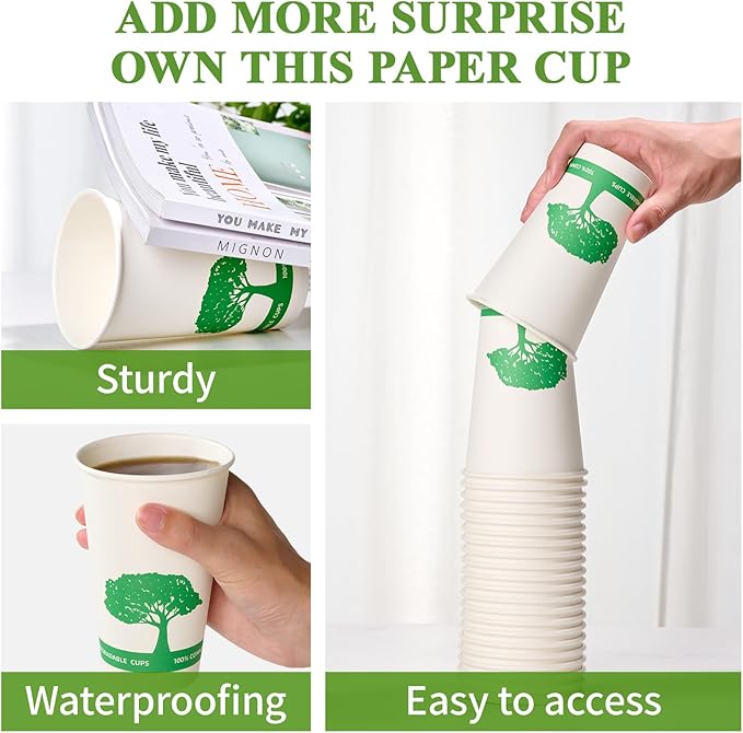 Vplus 240 Pack Compostable Paper Cups, 16 oz Paper Coffee Cups, Biodegradable Disposable Paper Cups, Eco-friendly Hot Drinking Cups for Party, Picnic,and Events