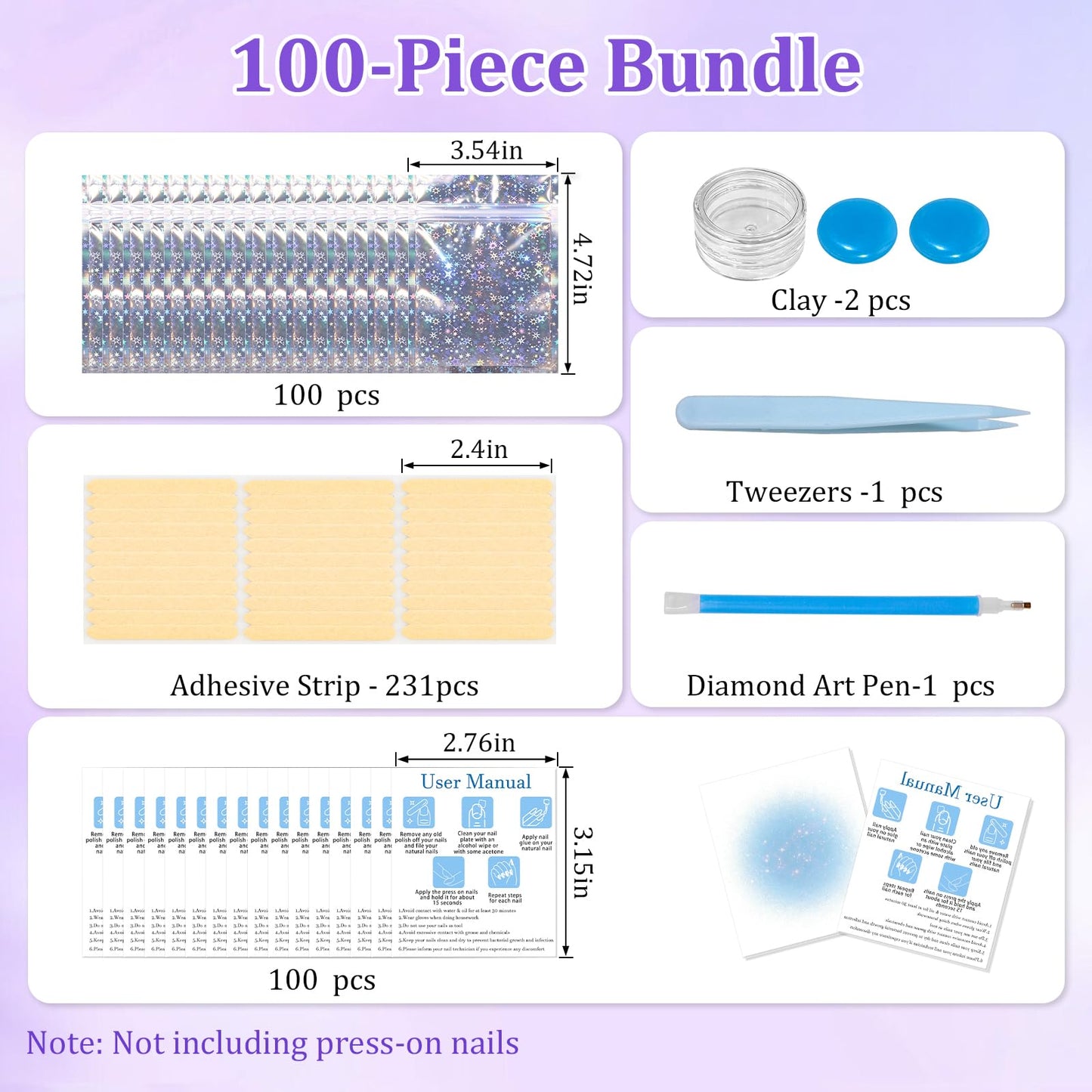 Raisetip 100PCS Press on Nail Packaging Bag, 100PCS Display Card with 231 Pcs Pre-cut Adhesive Tape & Diamond Art Pens & Glue Clay & Tweezers, 6-in-1 Set for Nail Display (Laser star)