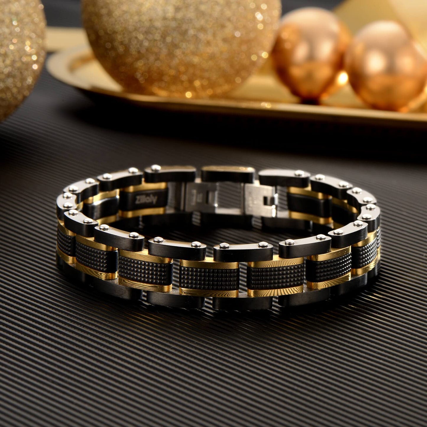 Zillaly Men's Stainless Steel Two-Tone Square Link diamond Bracelet in Black & Blue Ion-Plated Black (Black gold)