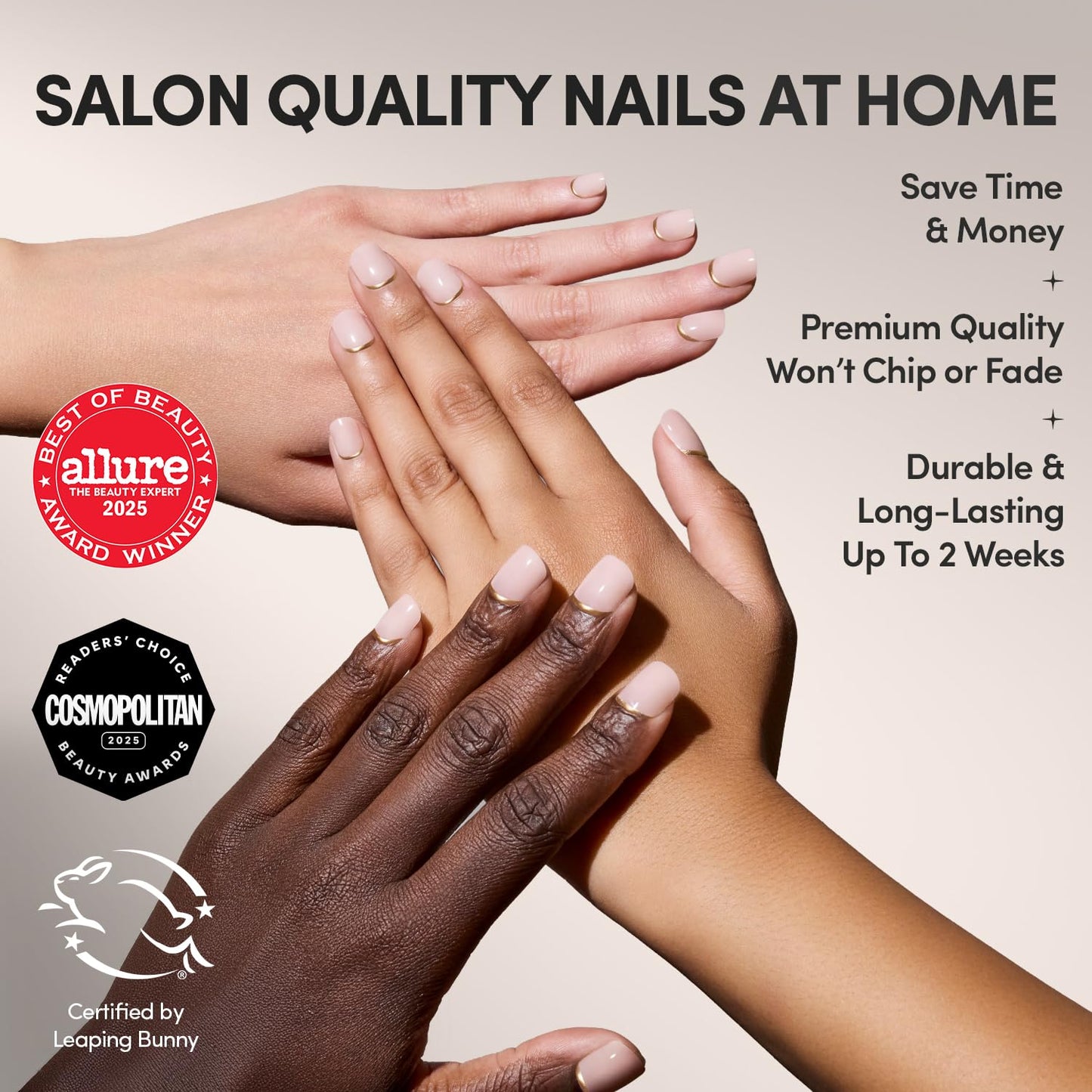 Glamnetic Press On Nails - Super Short Round Fake Nails, Nude Neutral Nails with Gold Reverse French Tip, Quiet Luxury | 12 Sizes - 30 Nail Kit with Glue | Gift for Mom