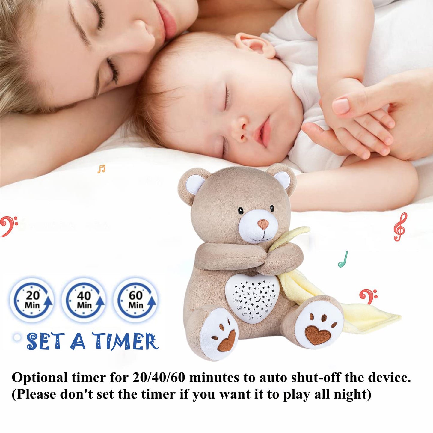 BEREST Baby Sleep Solutions Bundle: A13 White Noise Machine (15 Soothing Sounds, Cry Sensor) & Rechargeable Sleep Soother Bear (Mom's Heartbeat, Lullabies) with Night Light Projector for Nursery | Bab