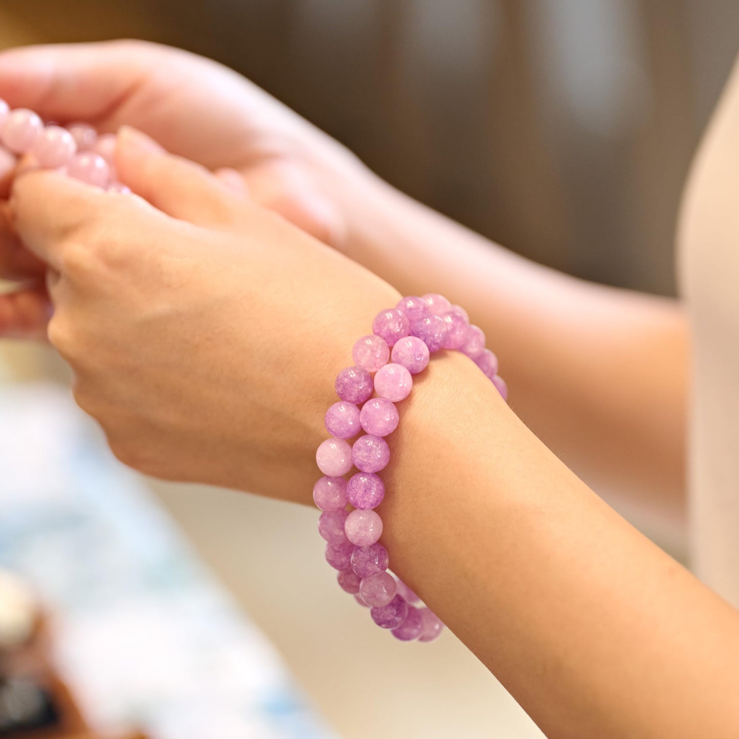 Bivei Natural Gemstone Semi Precious Healing Crystals Handmade Stretchy Round Beads Bracelet, Enhance Positive Energy,Stocking Stuffers for Women(Purple Jade (Harmony & Wisdom)(Large))