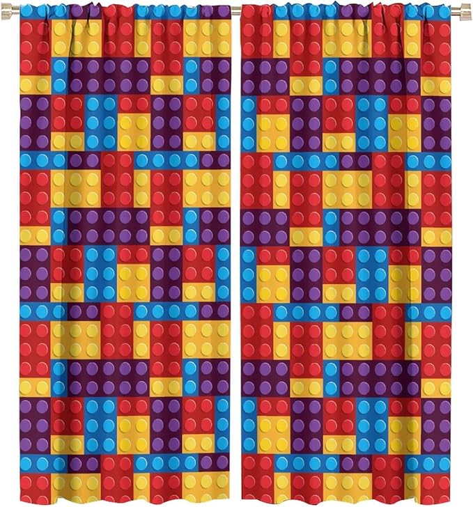 Building Block Colored Curtains, Children's Themed Curtains Collection Building Block Patchwork Cartoon Print Curtains, Light Trim 2 Panel Set Rod Pockets 55x63in