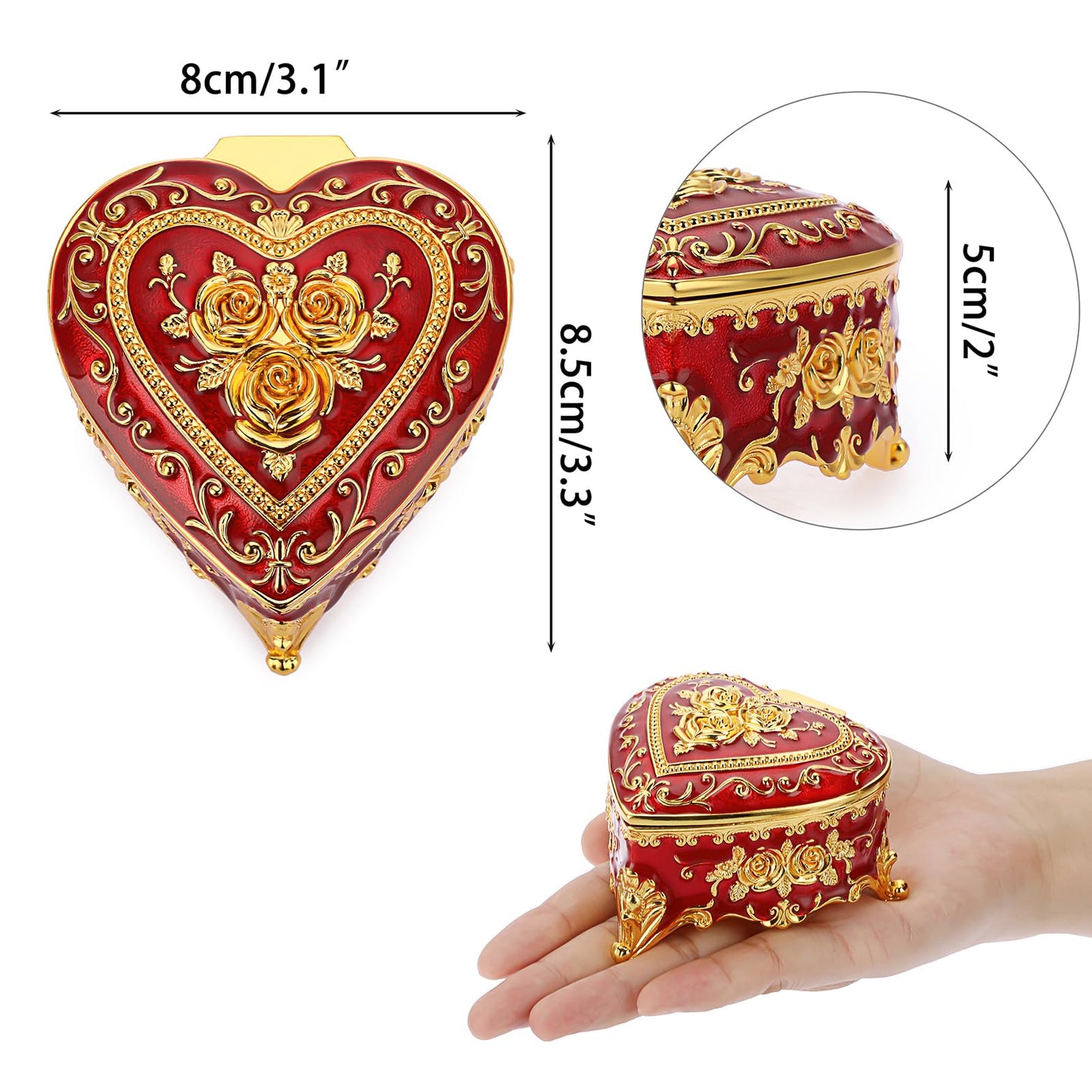 Hipiwe Heart Shape Jewelry Box Classic Metal Trinket Organizer Ring Storage Box with Rose Pattern Jewelry Storage Box for Ring Earrings Necklace, Gift for Women, Red