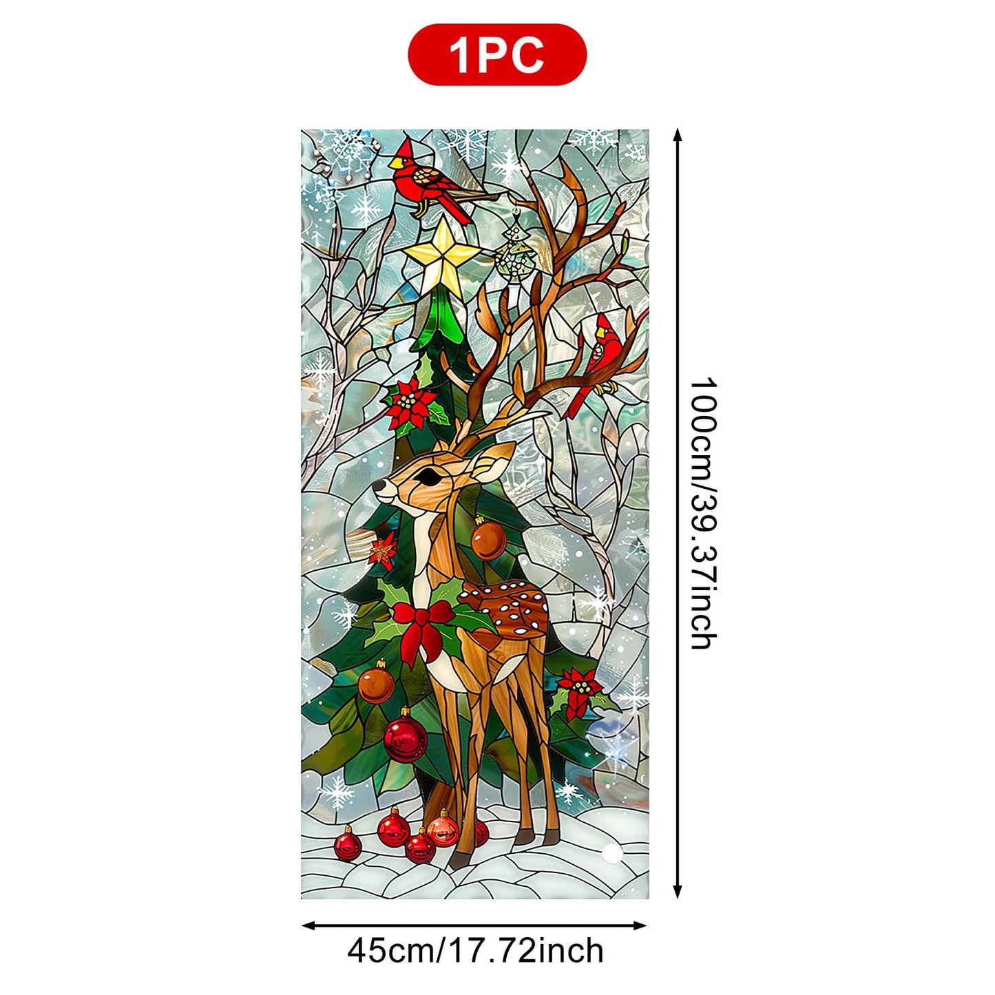 HOMETITUTE Reindeer Stained Glass Decorative Privacy Film Christmas Tree Window Cling Holiday Seasonal Window Sticker for Living Room Bedroom Kitchen 17.7 x 39.3 Inch