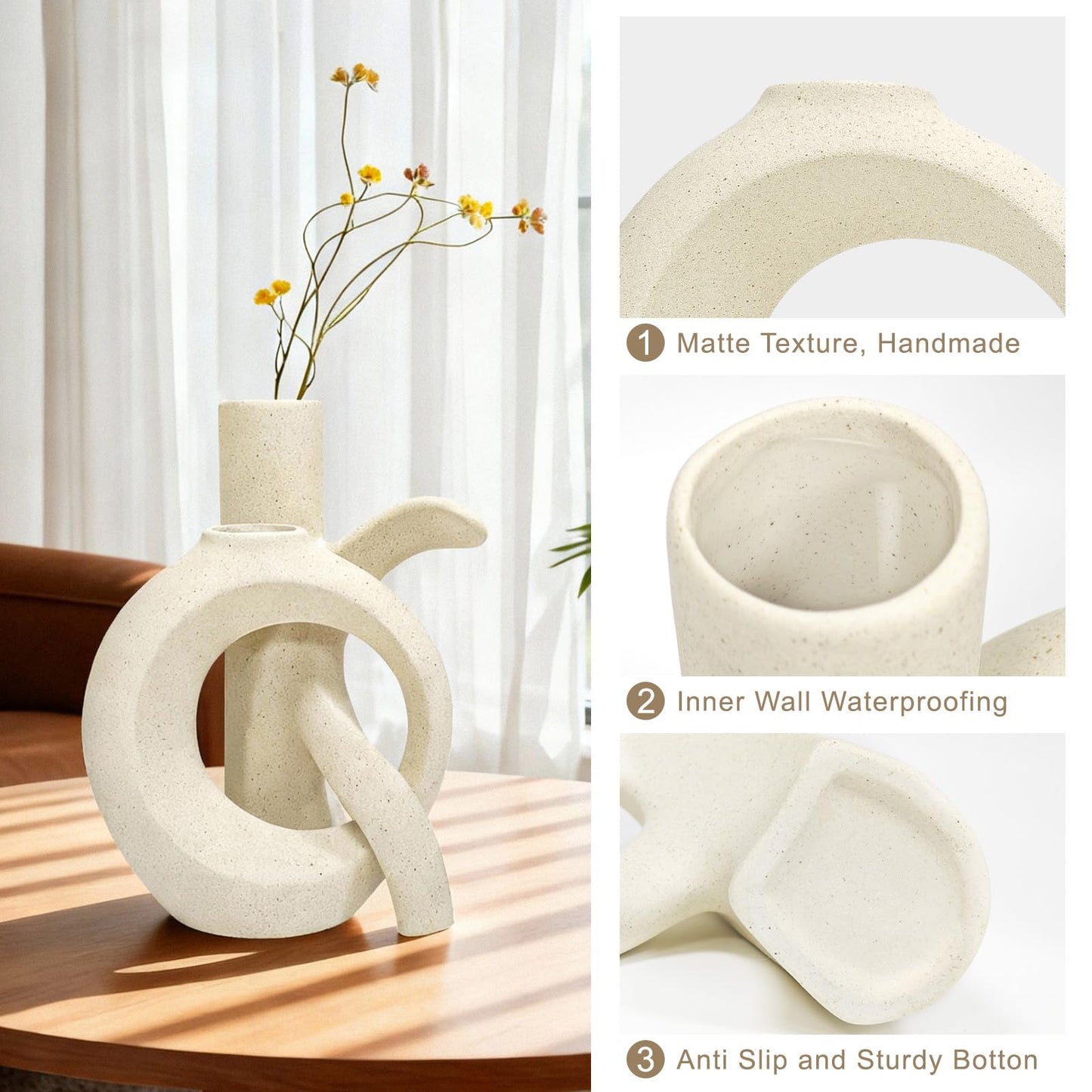 Assemble OK Ceramic Vase Set of 2 for Home Decor, Modern Boho Ins Style Matte Vase for Pampas Grass for Table Centerpiece, Living Room, Shelf, Mantle, Housewarming Gift (Beige White)