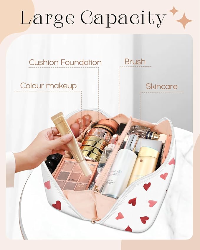 Bistup Makeup Bag Travel Cosmetic Bag Toiletry Make Up Bags Cute Women Large Capacity Big Medium Leather Teen Girls Teenage Kawaii Heart Foldable Expandable Open Flat Zip