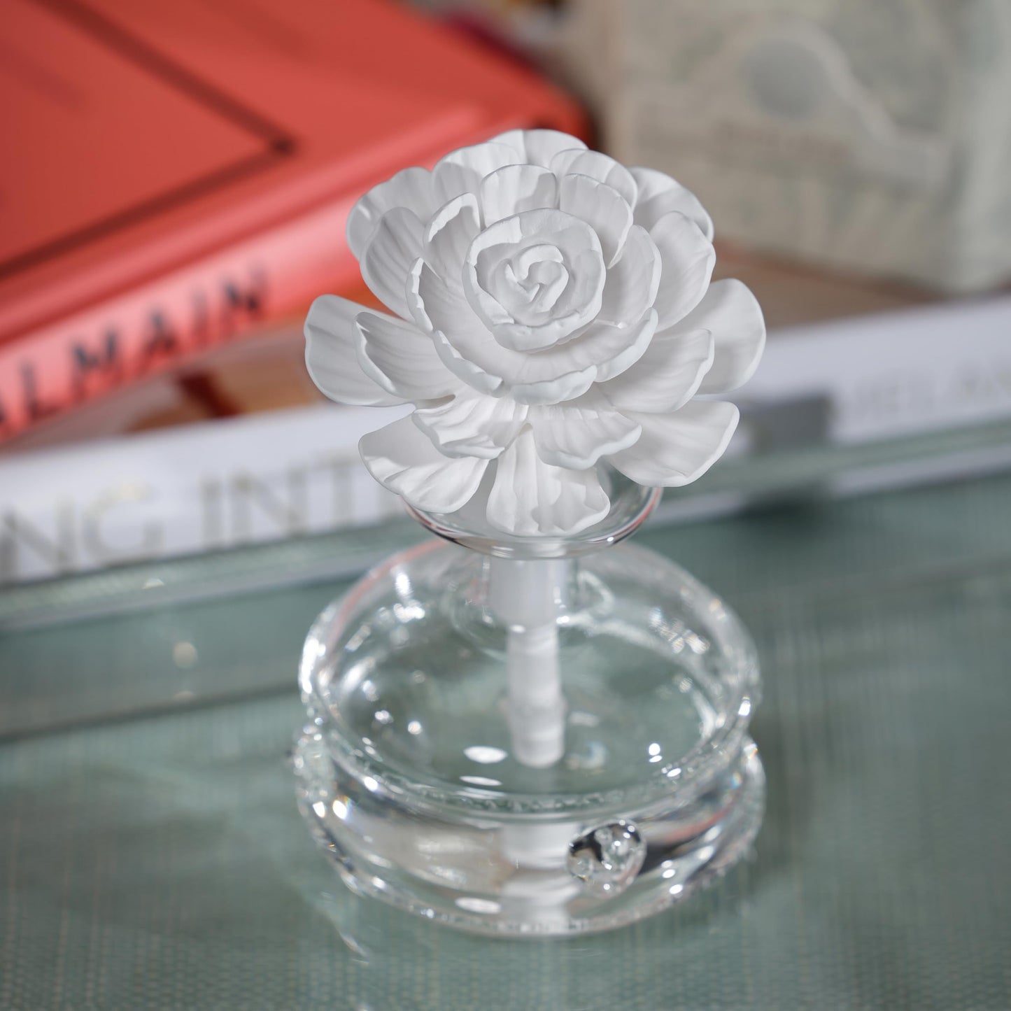 Zodax Grand Casablanca Reed Diffuser - Home Fragrance Oil Diffuser Ideal for Living Room, Bathroom, Office - Porcelain Flower Design - Gift Box Packaging Included - Moroccan Peony - 1.69 Oz.