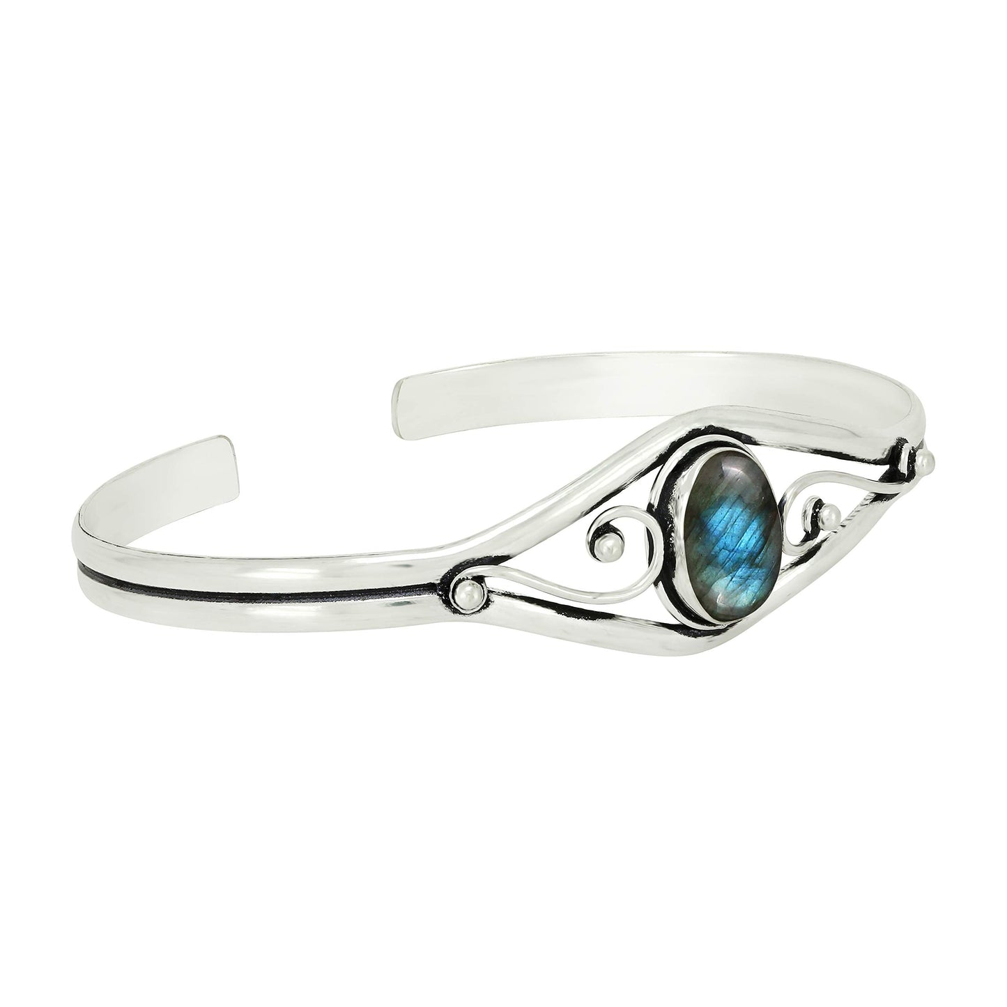 925 Silver Plated Natural Labradorite Cuff Bangle Bracelet for Women – Handmade Open Bangle – Green Blue Fire Gemstone Statement Jewelry – Gift for Her