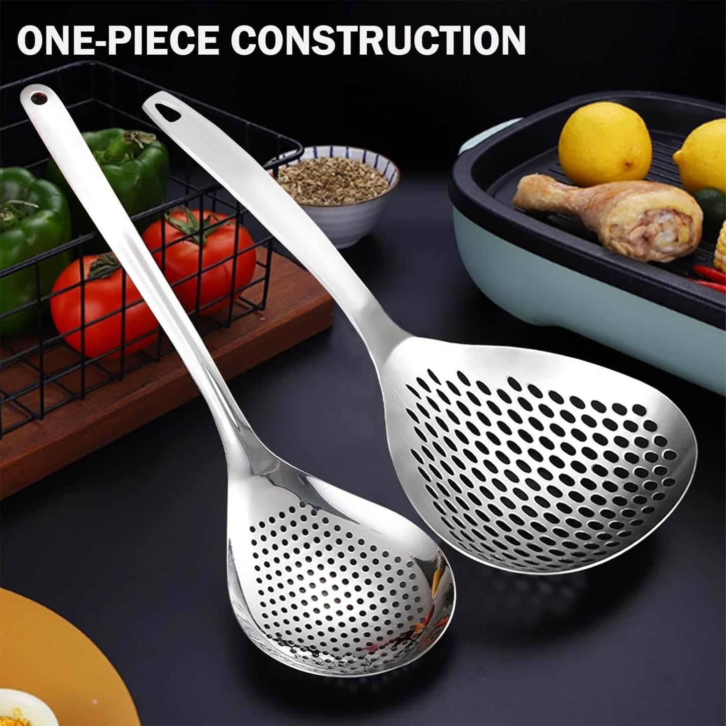 KAYCROWN Skimmer Slotted Spoon, 2 Pack Stainless Steel Pasta Spider Strainer Skimmer Ladle Spoon for Frying and Cooking, Frying Strainer, Kitchen Cooking Colander