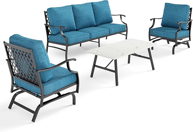 4 Piece Metal Outdoor Patio Furniture Set, Patio Conversation Set 3-seater Sofa, 2 Rocking Chair with 5.75" Extra Thick Cushion and Coffee Table, Black Frame Backyard Furniture, Blue-2