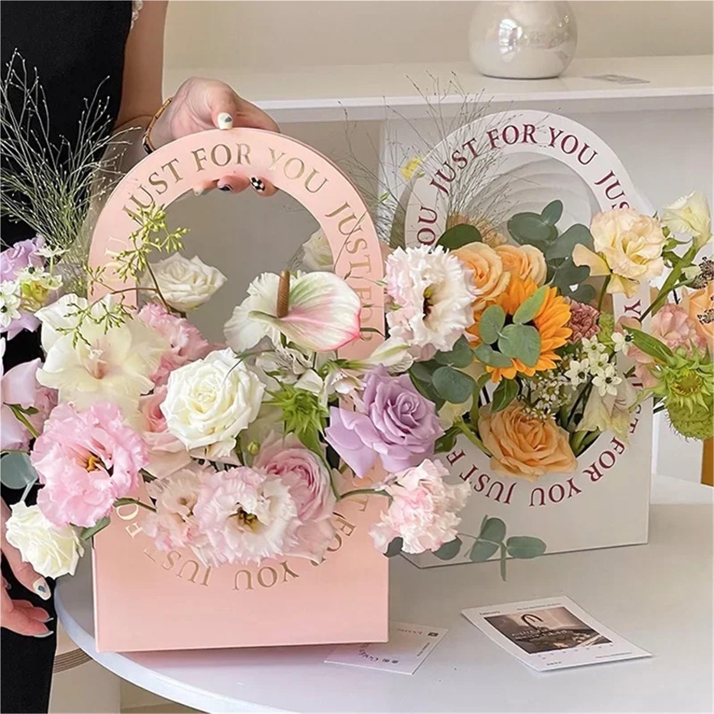 Nikeg Kraft Paper Flower Gift Bags 12Pcs Valentine's Day Hollow Folding Handheld Flower Basket Simple Box Paper Handbag Mother's Gift Arrangement(Red)