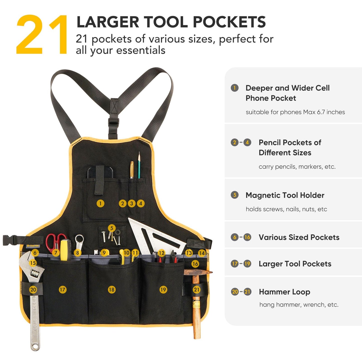 BRITEREE Work Tool Apron for Men and Women, Torso Length with 21 Tool Pockets, Durable Canvas Apron, DIY Enthusiasts, Gifts for Men Dad Father(Black)