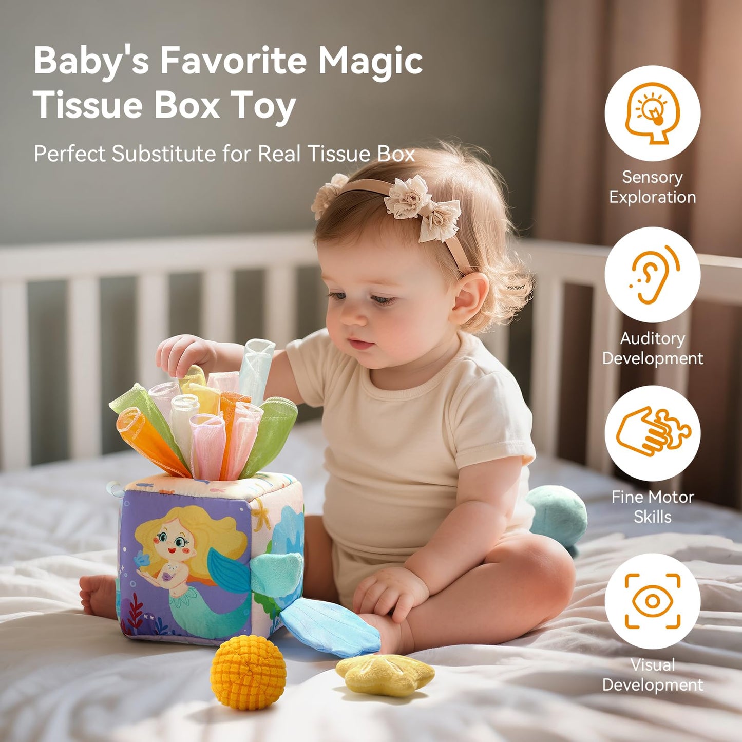 Youuys Sensory Toys 2 Sets, Baby Tissue Box Toy & Soft Stuffed Animal Set