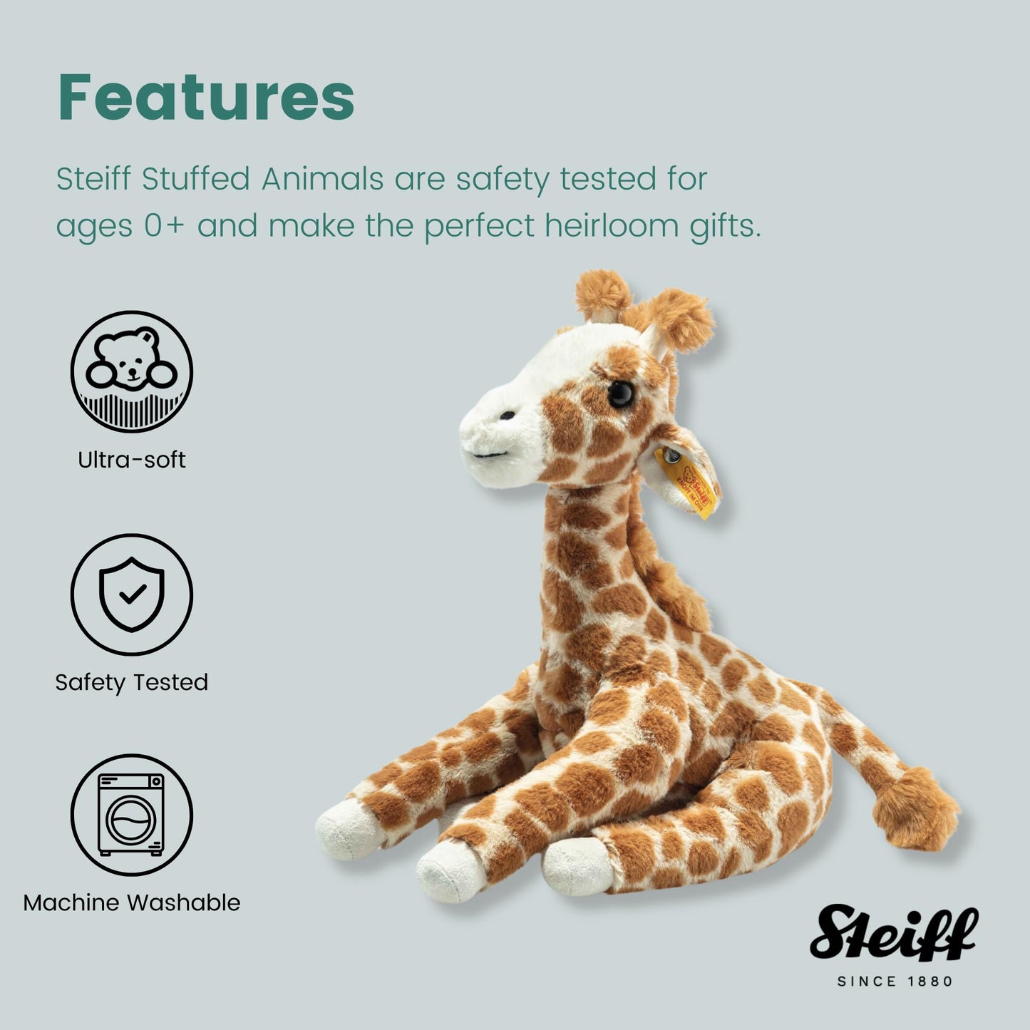 Steiff Gina Giraffe Premium Stuffed Animal for Kids, Soft Plush Toy for Girls and Boys, Spotted Light Brown, 11 Inch