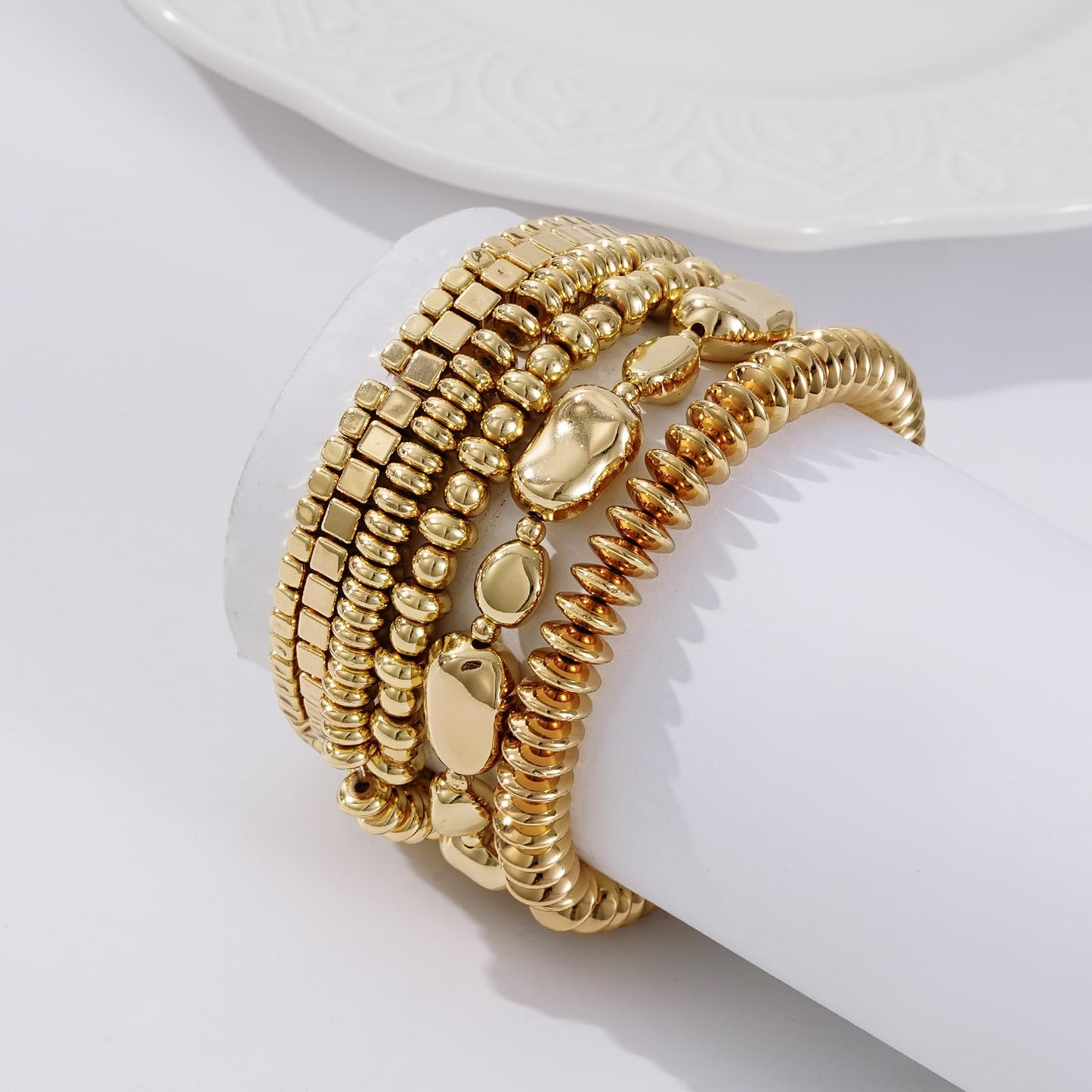 Sajidos Gold Plated Beaded Bracelets for Women Trendy, 14K Gold Plated Stack Cross Pearl Bead Stretch Bracelets Set Elastic Hypoallergenic Bracelets Jewelry Gifts (style6)