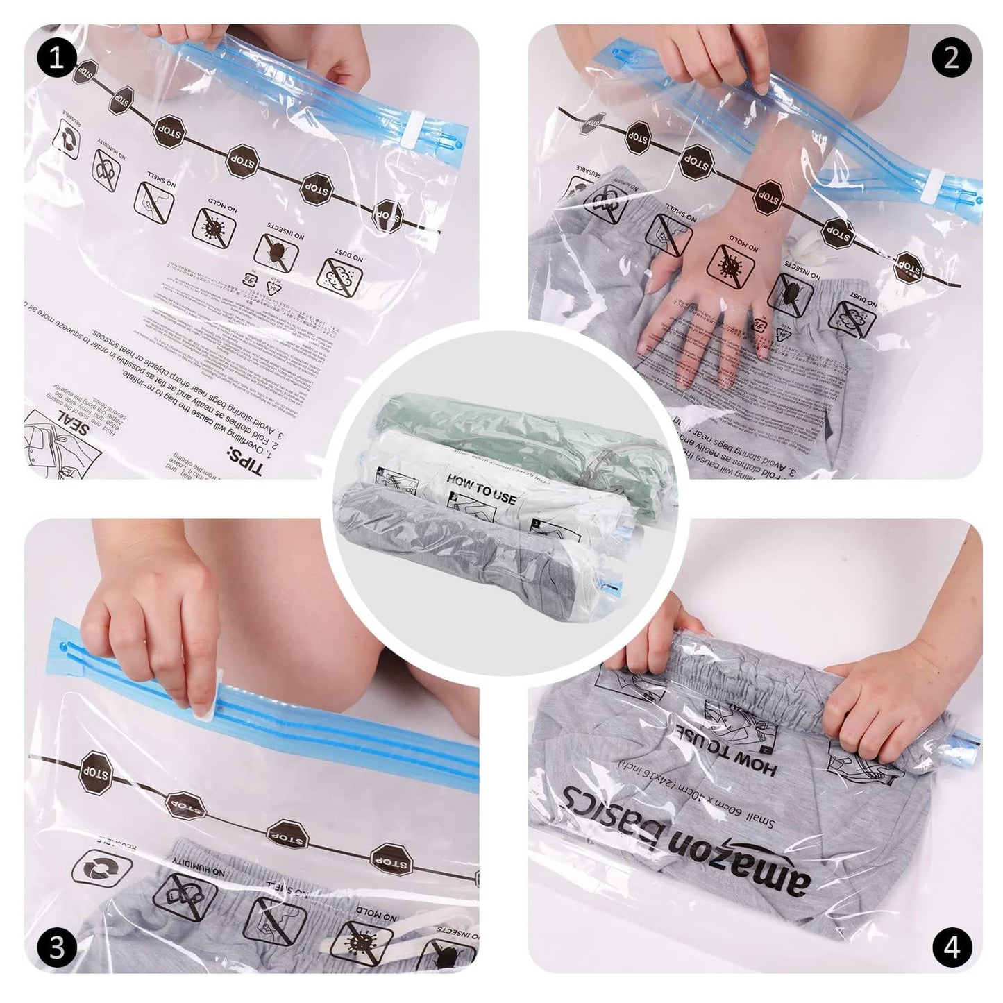 Amazon Basics Roll-Up Travel Compression Storage Bags for Clothes and Towels, No Vacuum Needed, Clear, 12 Pack (6 Small & 6 Medium)