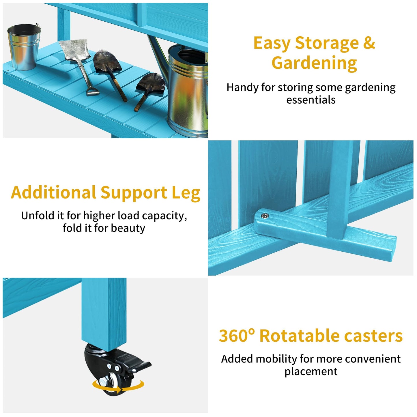 DWVO 47x18x31in Raised Garden Bed HDPE, Weather-Resistant Poly Wood Planter Box Stand, Planter Box with Legs, Storage Shelf & Lockable Wheels, Elevated Garden Bed for Backyard Patio - Aruba Blue