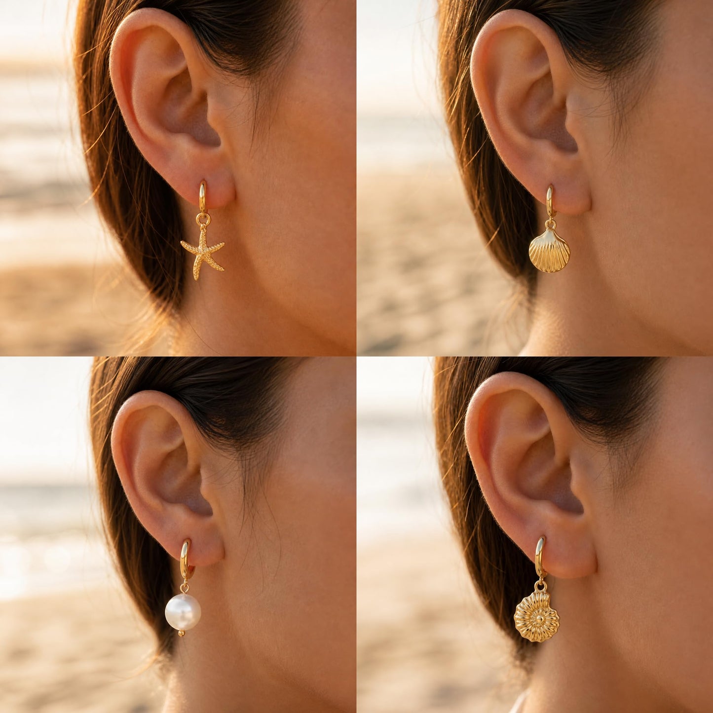 ZYIJUNY 4 Pairs Huggie Hoop Beachy Earrings Set for Women, 14K Gold Plated Ocean Elements Hoop Dangle Drop Earring - Shell/Starfish/Conch/Pearl Earrings- Minimalist Summer Beach Jewelry Gift