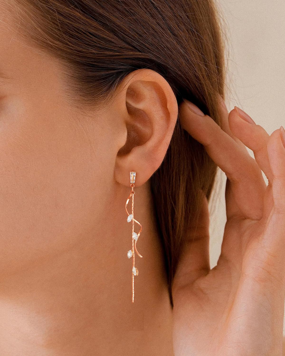 PRTGL Dangle Earrings for Women - 14K Rose Gold Plated Long Twist Tassel Dangle Earrings with Tiny Cubic Zirconia