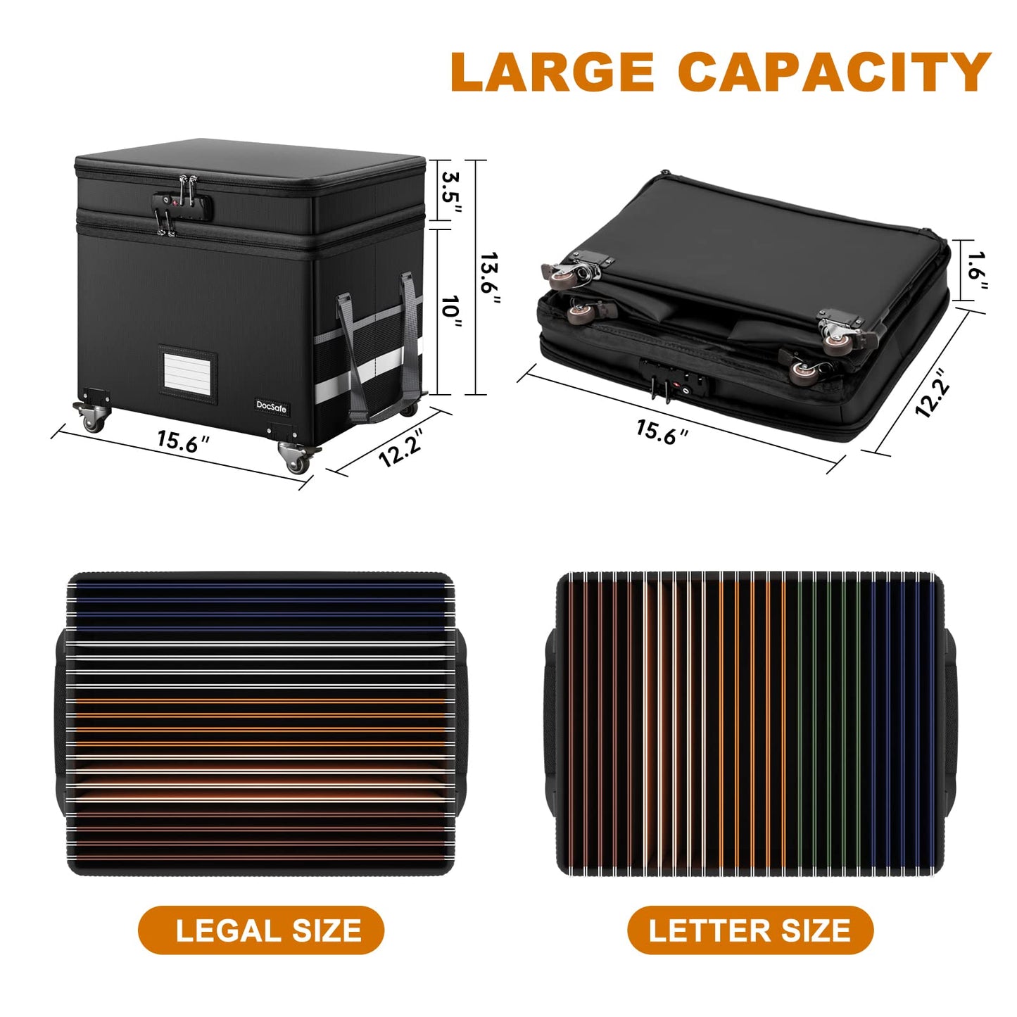 DocSafe Fireproof Document Box with Lock,2-Layer File Box with Wheels,Collapsible File Storage Organizer with Pockets,Large Portable Home Filing Cabinet for Hanging Folders,Black,16''x13.8''x12.2''