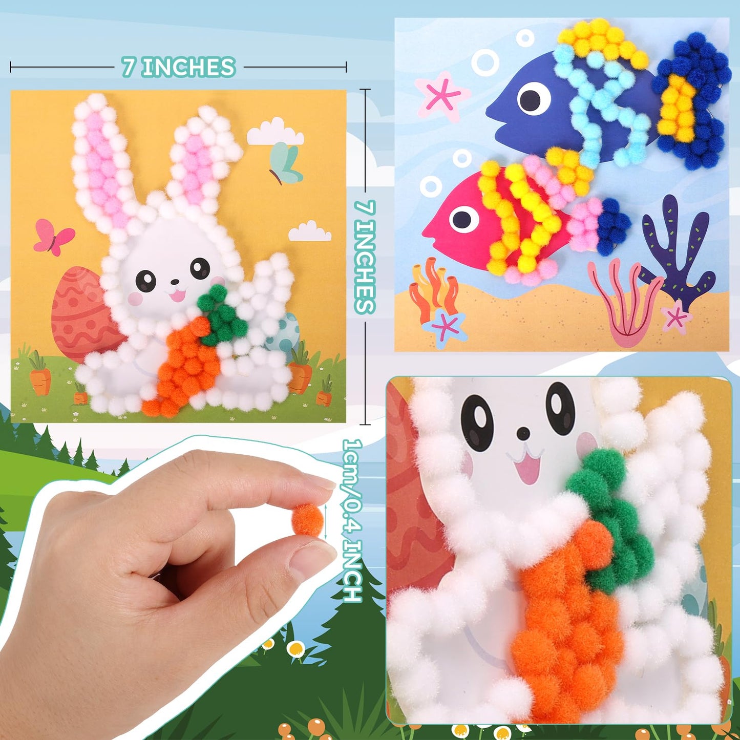 iCraftine Pom Poms Craft Kit for Building Fine Motor Skills & Hand-Eye Coordination, 6 Patterns Pompoms Arts & Crafts Sets for Kids Ages 5+