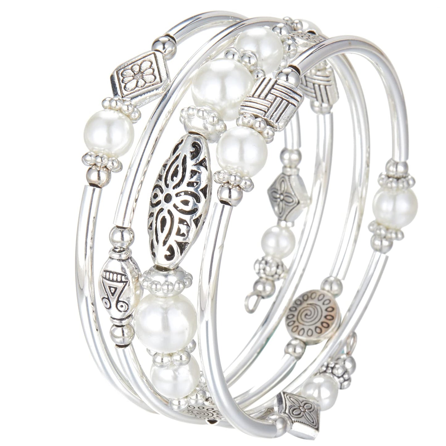 BULINLIN Layered Wrap Bangle Turquoise Bracelet - Bead Bracelet with Natural Agate Stone, Gifts For Women (03-White pearl)