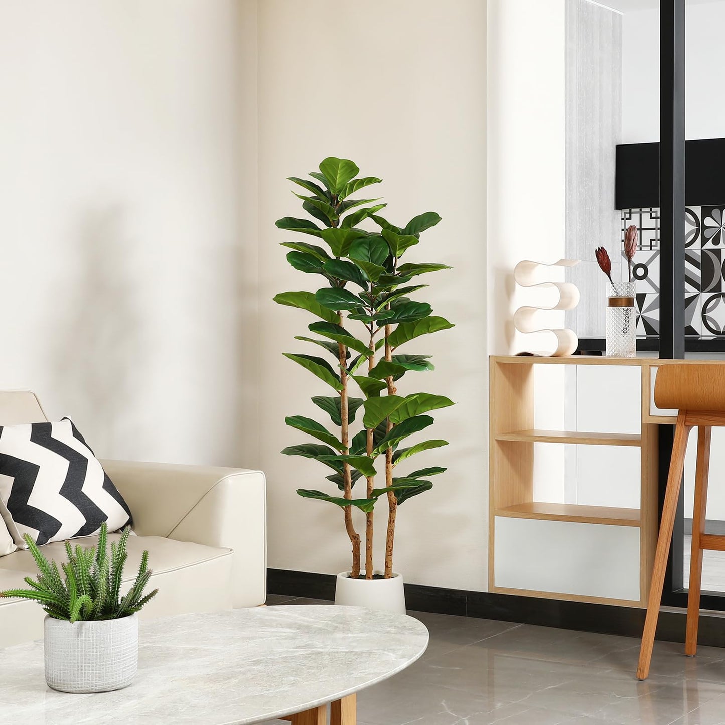 OAKRED Artificial Fiddle Leaf Fig Tree with White Planter,5ft Tall Fake Tree with Natural Wood Trunk for Home Decor, Faux Ficus Tree Fake Moss for Indoor Office Living Room