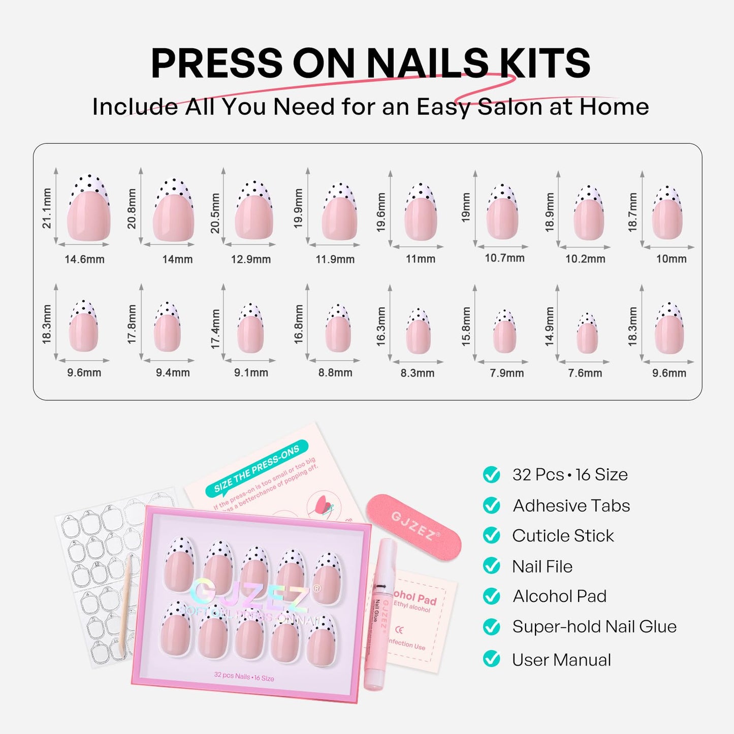 White French Tip Polka Dots Press on Nails Medium Almond - GJZEZ Soft Gel Black Dots on a Crisp White Base Fake Nails for Women, Cute Natural Reusable Glue On Nail in 16 Sizes - 32PCS, Playful Dotted
