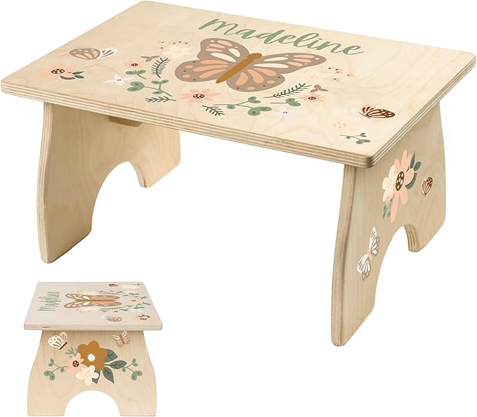Step Stool for Toddlers- Personalized Wood Kids Step Stool with Name for Kitchen Sink, Bathroom, Potty Training, Toilet, Kitchen Sink- Sturdy and Safe- Made in USA by BloomOwl (Butterfly)
