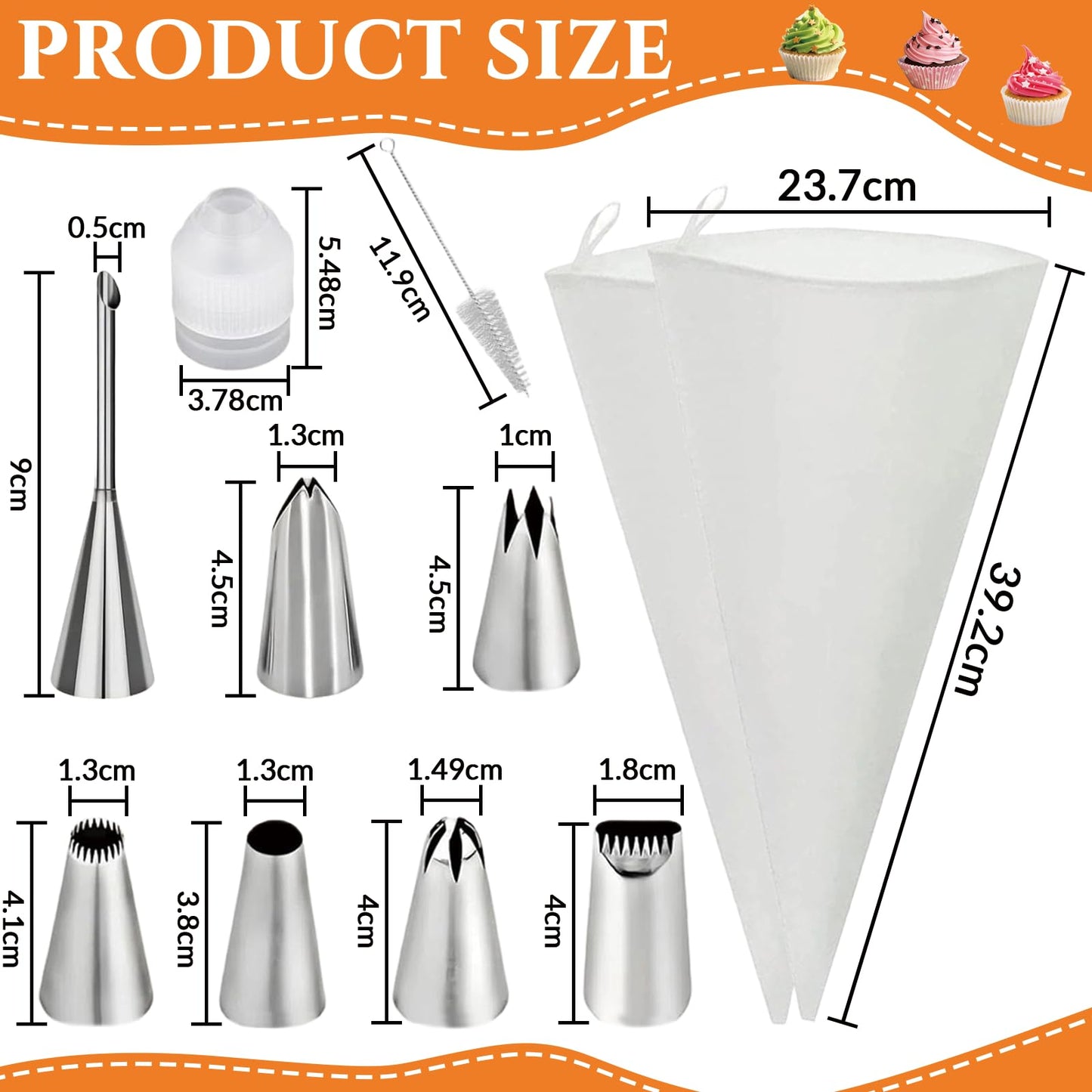 11 Piece Reusable Piping Bags and Tips Set - Cotton Baking Kit with Coupler Stainless Steel Nozzles Cleaner for Cupcakes Cookies Churros
