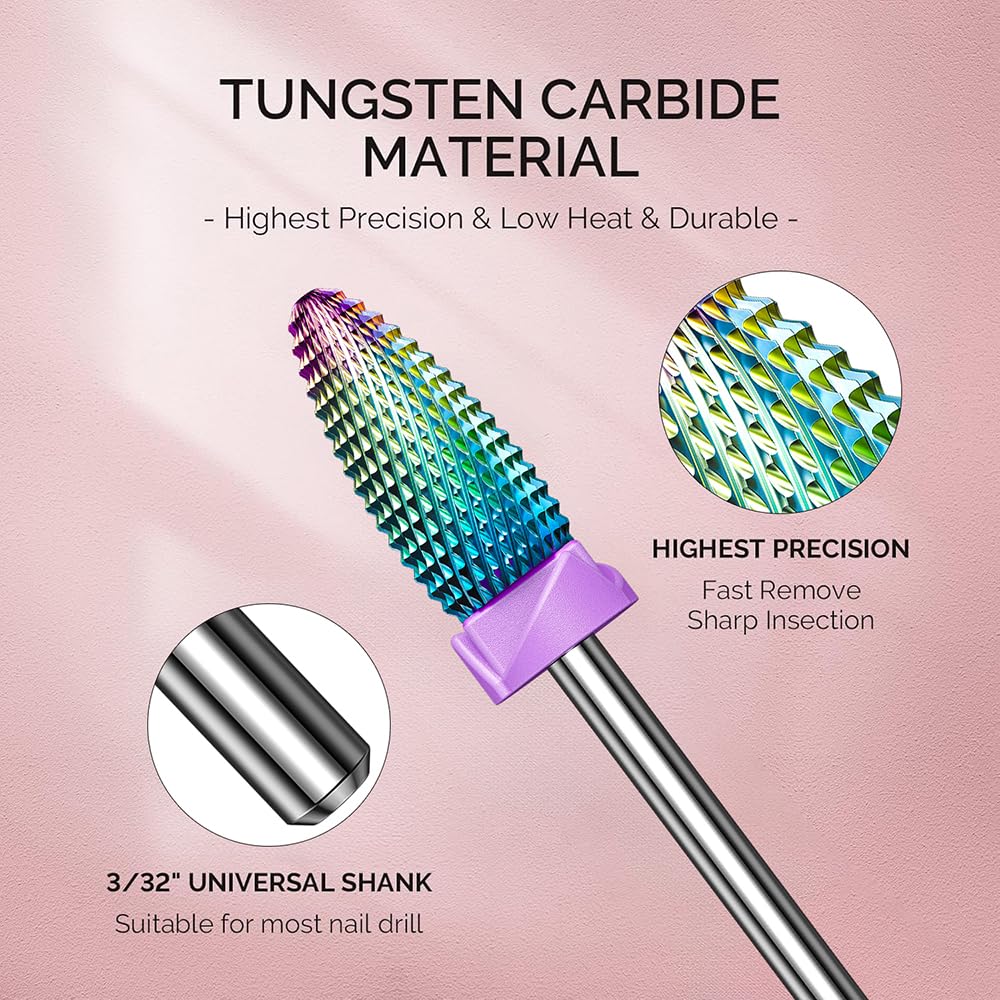 GLIX 10-in-1 Professional Nail Drill Bits Set, Rainbow Tungsten Carbide E File Bits for Acrylic Nails & Gel Polish Removal, 3/32" Shank Russian Manicure Kit with Safety Cuticle Ball & Flame Bit
