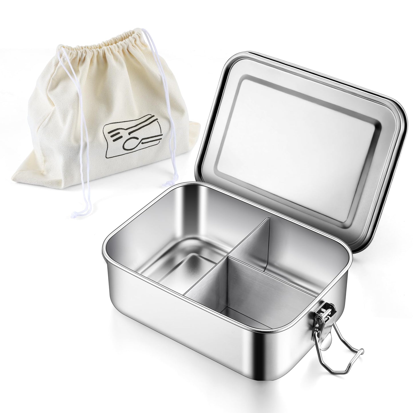 E-far Stainless Steel Bento Box, 28oz Metal Lunch Bento Box w/Leak Proof Lid, 850ml Small Food Container w/Removable Divider & Bag, Reusable 3-Compartment Bento Lunch Container for Camping Picnic