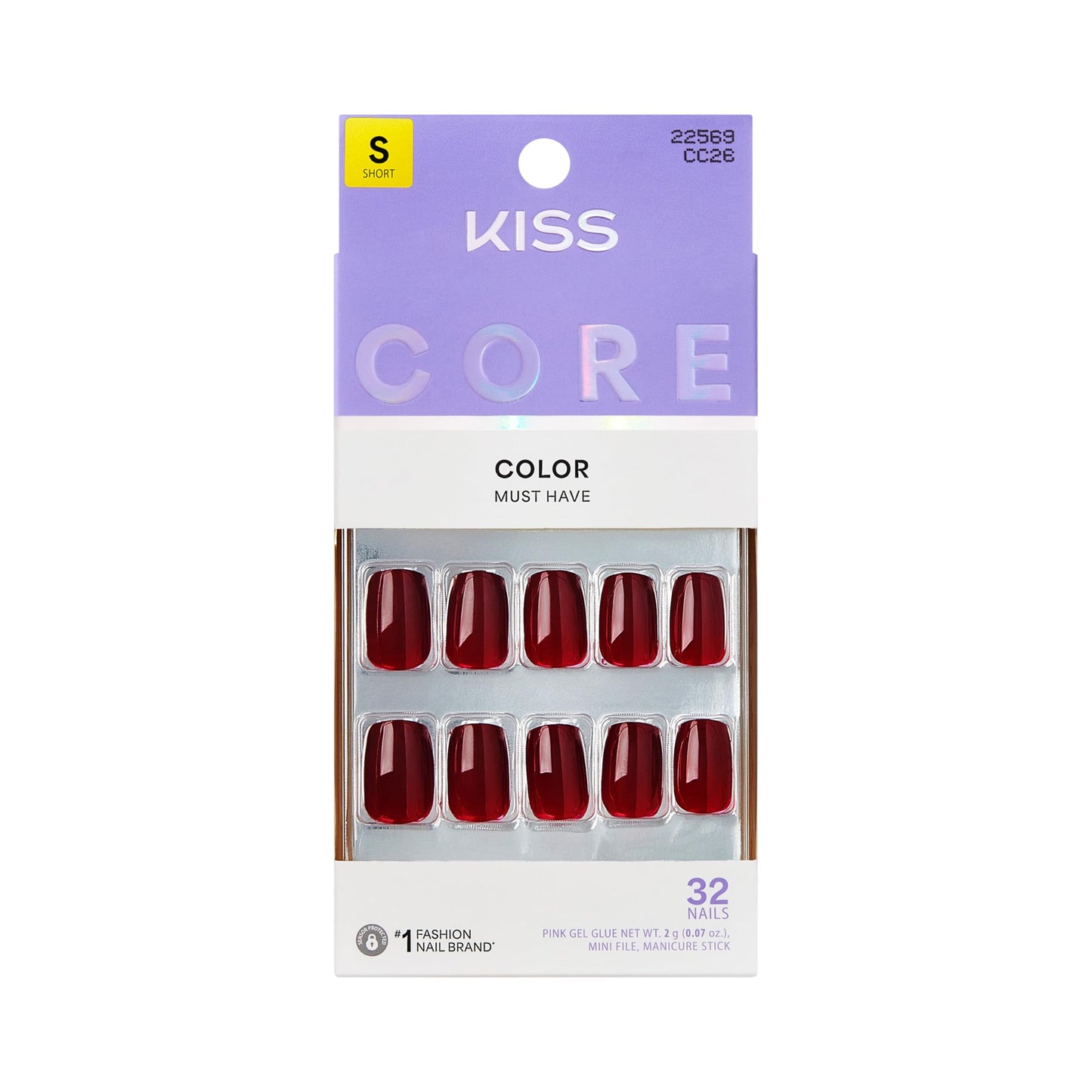Kiss Core, Press On Nails, Nail glue included, 'Sprightly', Red, Short Size, Squoval Shape, Includes 32 Nails, 2g Glue, 1 Manicure Stick, 1 Mini File