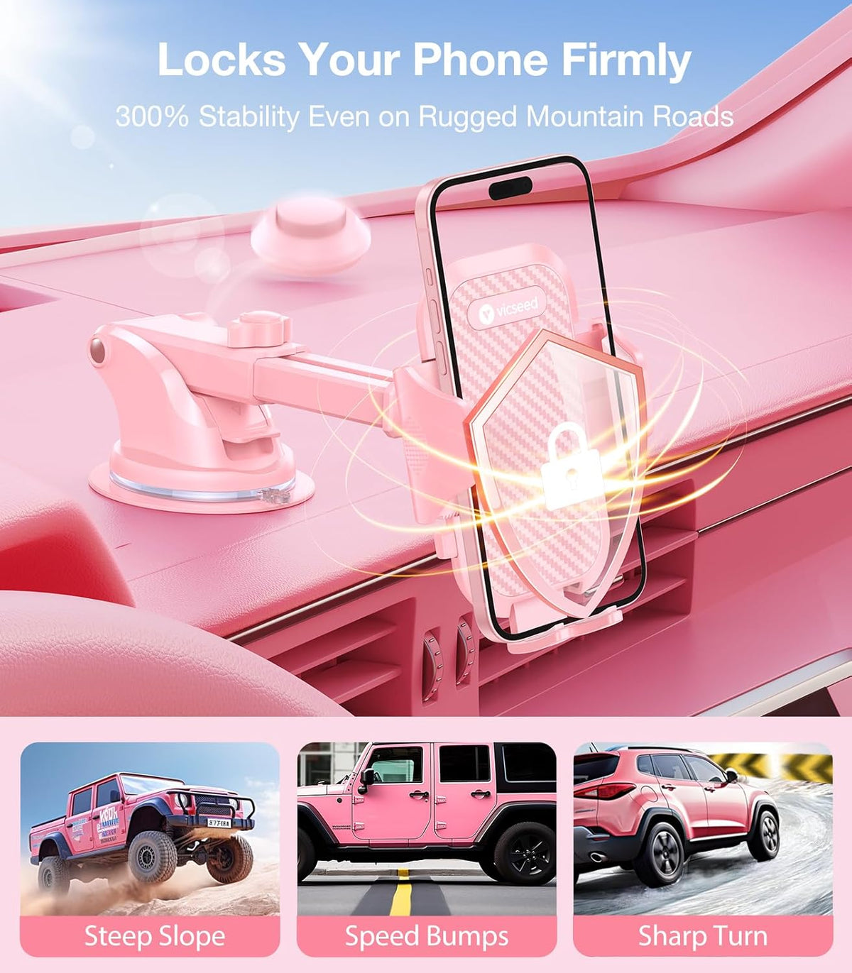 VICSEED Pink Phone Holder for Your Car [Sturdy & Durable] [Powerful Suction] Dashboard Windshield Air Vent Car Phone Holder Hands Free Phone Mount for Car for iPhone Android, Pink Car Accessories