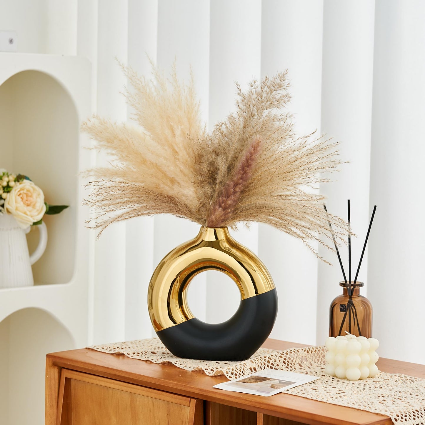 FJS Ceramic Donut Vase, 8" L x 8" H Black and Gold Round Vase for Pampas Grass, Nordic Modern Vases for Decor, Ceramic Vase Centerpieces for Wedding, Bedroom, Living Room, Coffee Table, Office