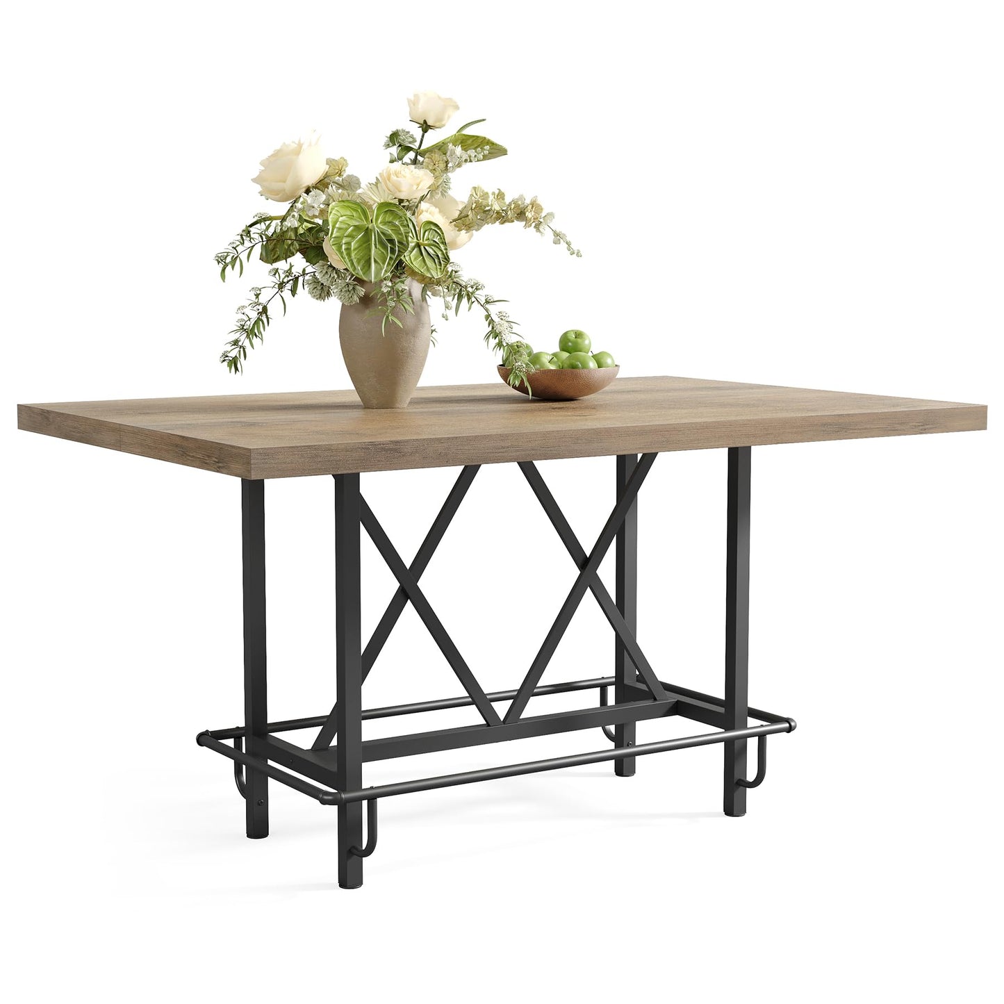 LITTLE TREE 63-Inch Industrial Bar Table with Metal Footrest, Counter Height Pub Table for Kitchen, Home Bar & Entertaining (Rustic Gray)