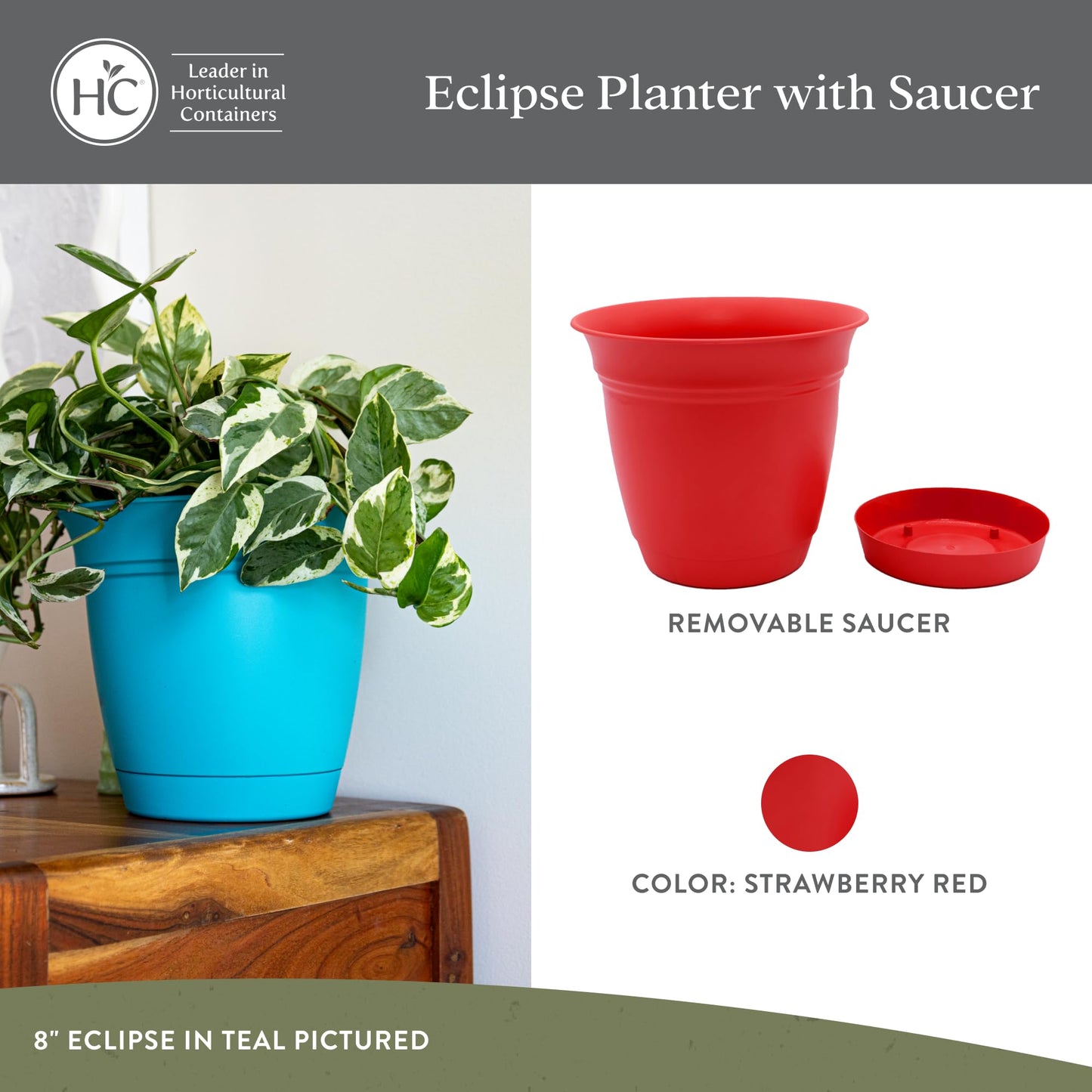 The HC Companies 6 Inch Eclipse Round Planter Pots with Drainage Holes & Attached Saucer, Lightweight UV-Resistant Plastic Indoor & Outdoor Planters, 4-Pack Flower Pots for Garden & Home Decor, Red