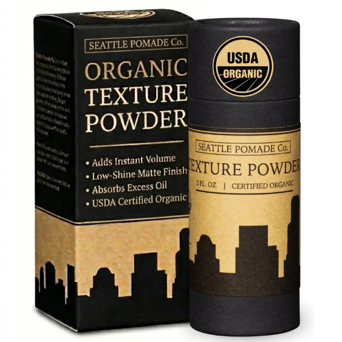 Seattle Pomade Co. Organic Based Texture Powder for Men. Creates Volume and Lift with organic materials. Fragrance Free. Globally sourced certified organic materials. Natural Hair Powder 2 oz NON-GMO
