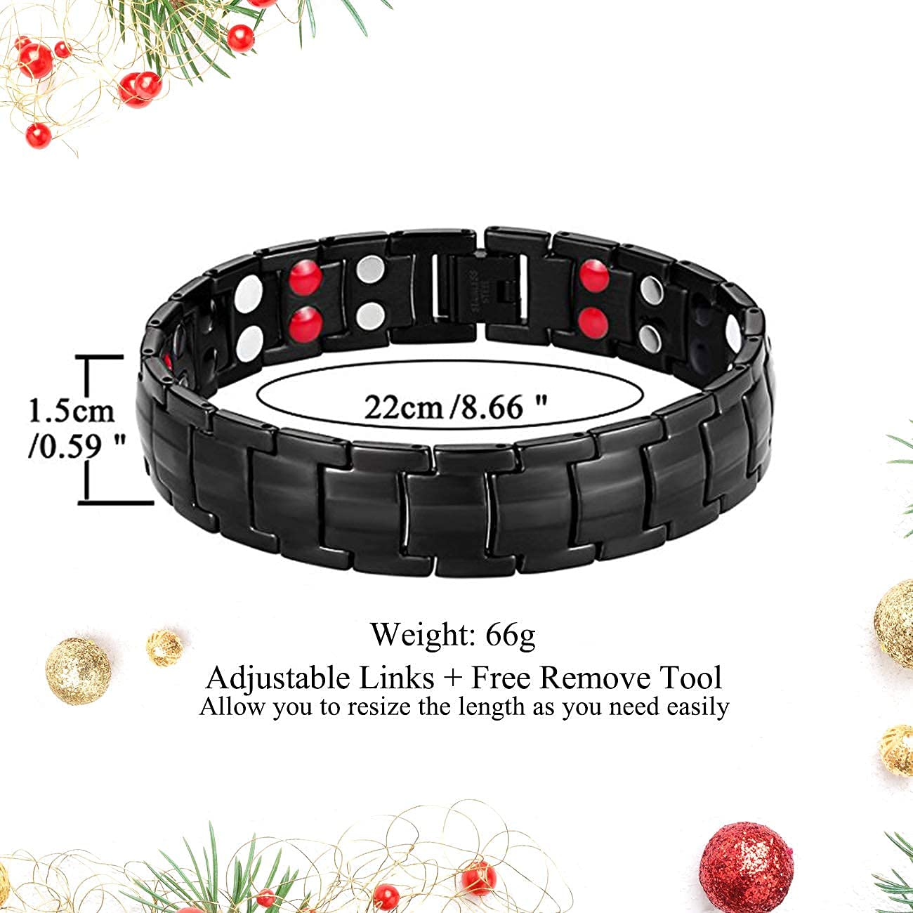 Feraco Magnetic Bracelets for Men Sleek Titanium Stainless Steel Magnetic Bracelet with Double Row 4 Elements Magnets Adjustable (Set of 2)