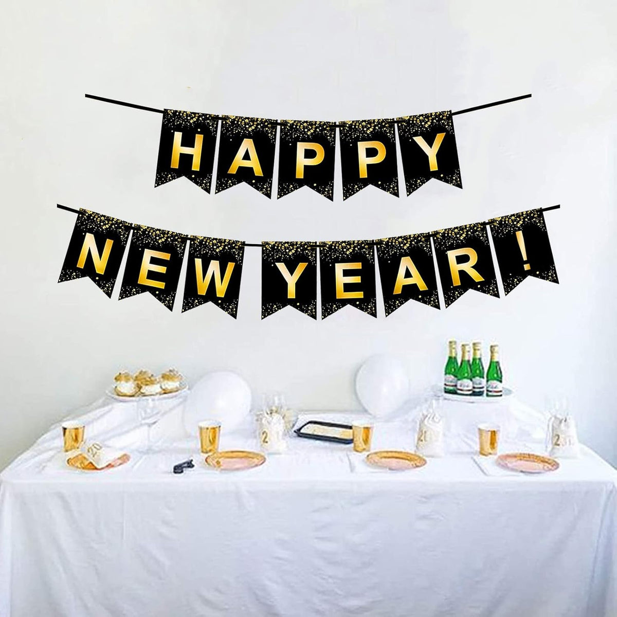 Fecedy Black Gold Happy New Year Banner for New year Party Decorations