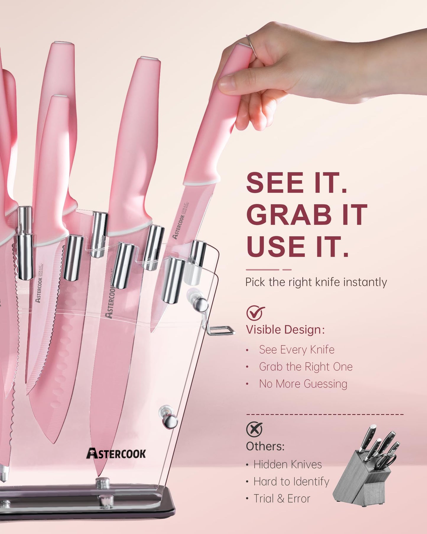 Astercook Knife Set with Block and Sharpener, 22 Piece Kitchen Knife Set Dishwasher Safe, Space-Saving Clear Knife Block with Knives for Everyday Home Cooking Mothers Day Gifts Pink