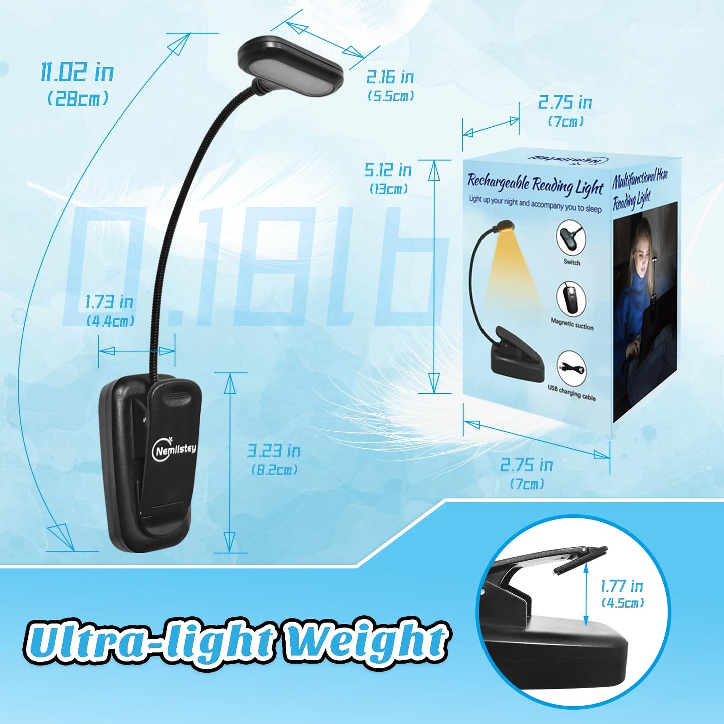 Rechargeable Book Light, Reading Lights for Books in Bed with 3 Color Temperatures & Stepless Dimming Brightness, 360°rotatable clip-on reading light with magnetic suction, suitable for Book Lovers