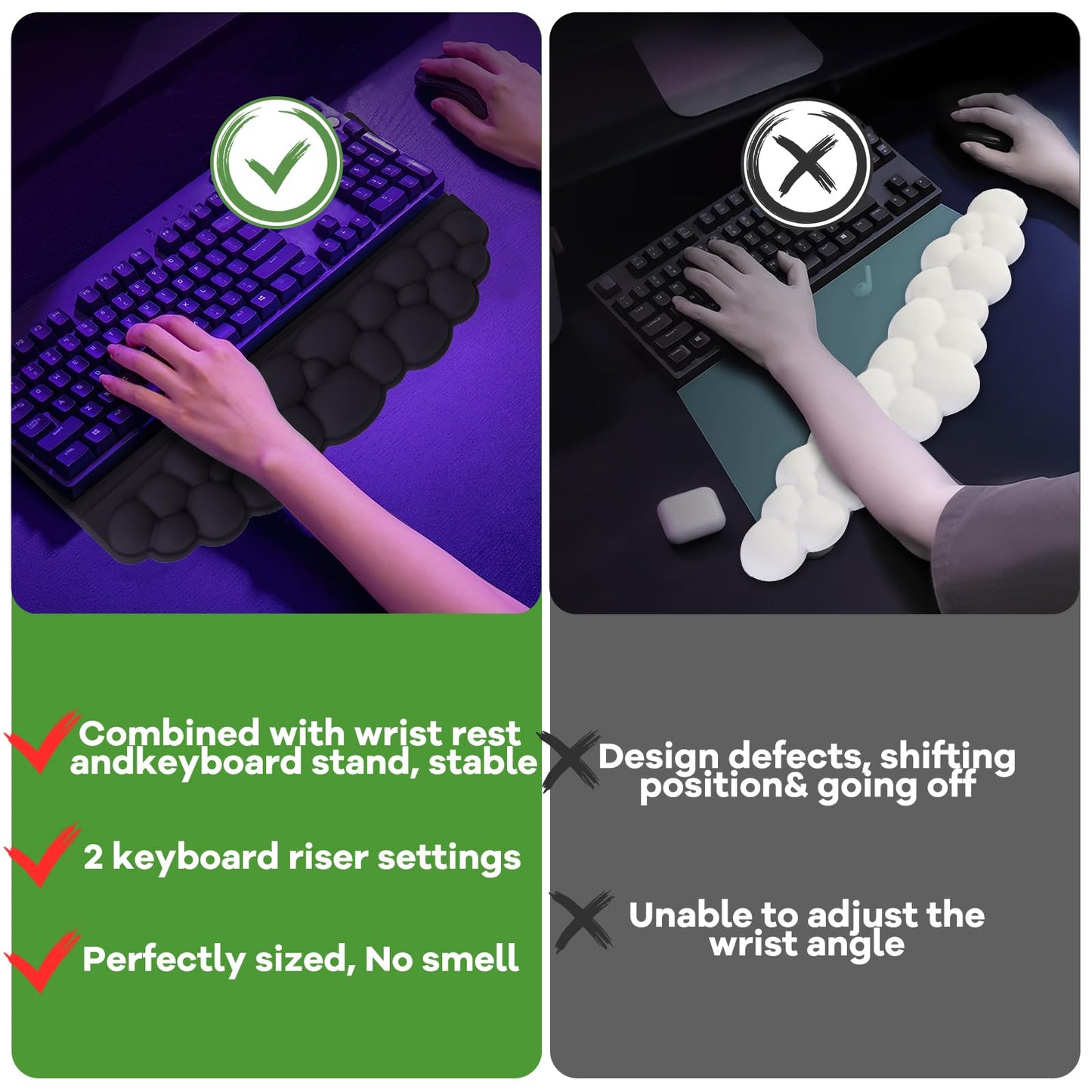 Ergonomic Wrist Rest for Keyboard and Mouse, Soft Memory Foam Cloud Keyboard Stand Pad with Wrist Rest Set with Non-Slip Silicone Base, Easy Typing, Pain Relief, Comfort for Office, Work, Gaming Black