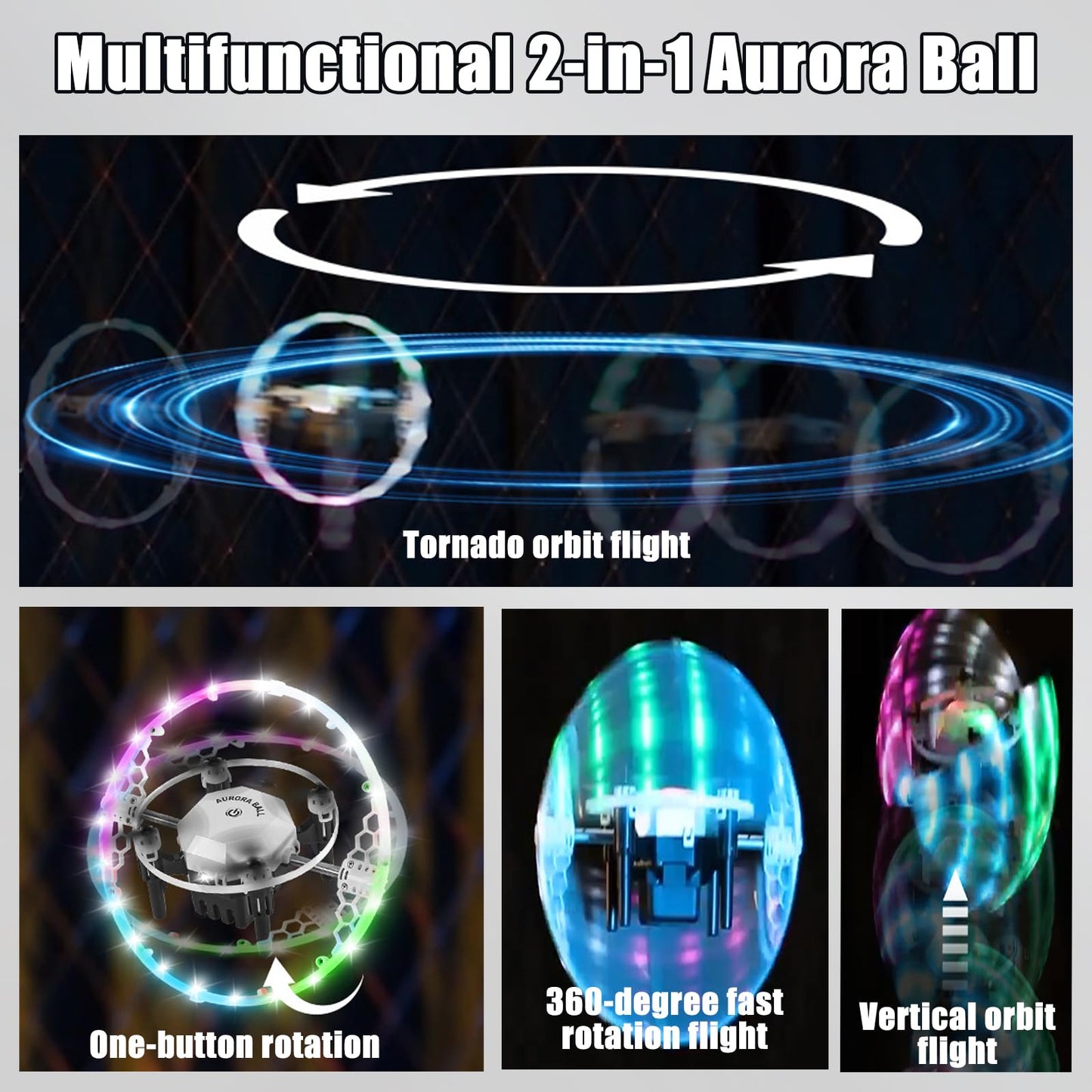 Kodbiby RC Drone, 2-in-1 RC Drone Aurora Ball with RGB Gradient Lighting, 360° Rotation, Air Pressure Setting, Speed Witching, Modular Battery, One Key Funtion Aurora Ball Toys