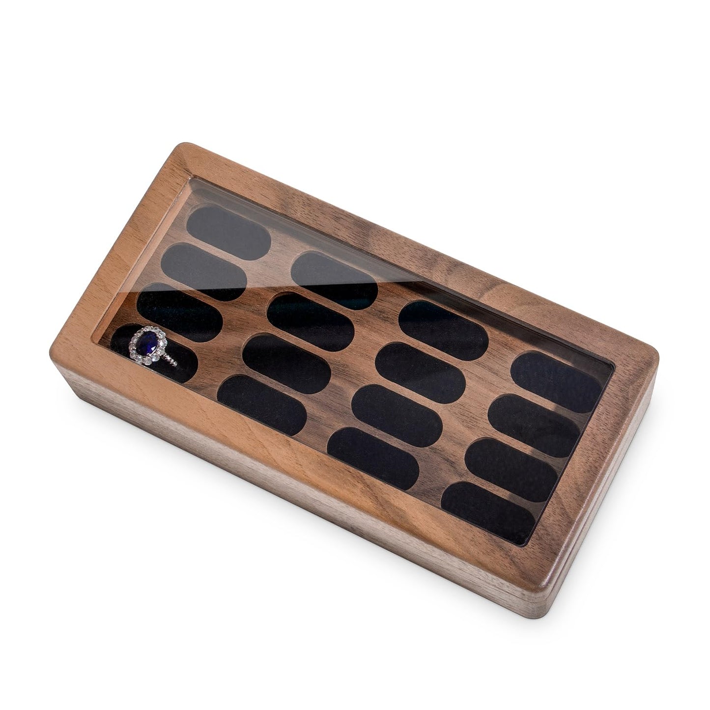 Wislist Luxury Solid Walnut Wood Ring Box with Glass Window - Ring case Jewelry Tray Jewelry Organizer for Rings, Studs & Earrings - Ideal for Store Display, Jewelry Showcases, Home Use & Gift Ideas